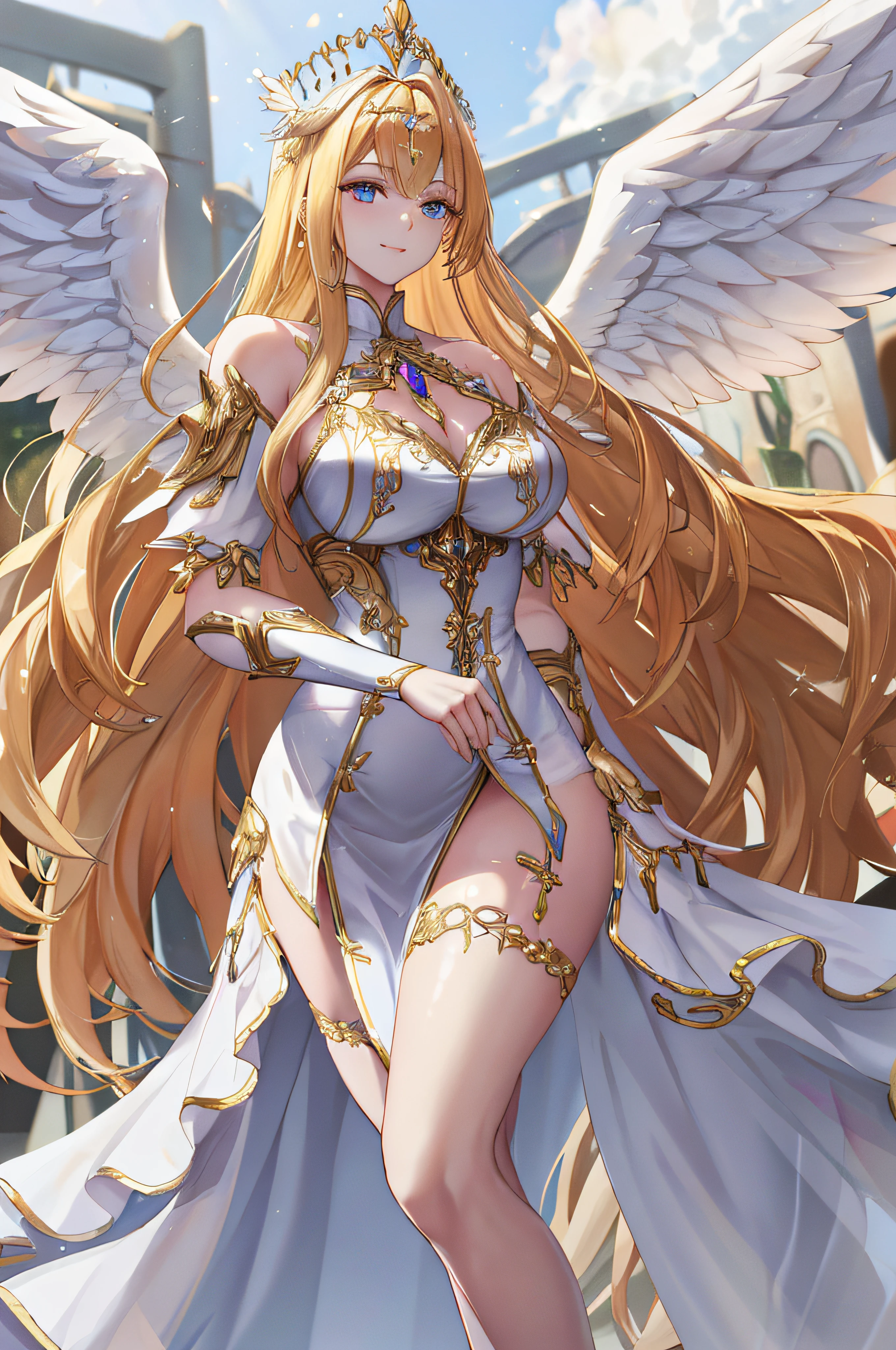 high priestess,valkyrie,Angel wings,nabel,Side Chest,复杂,light particules,upper legs,shiny skins,perfect litthing,1girll,looking at viewert,Headdress with wings,pelvis curtain,ssmile,(tmasterpiece),(Best quality at best),very Bigger breasts,maternal,Porcelain skin,Honey Blonde Hair,Very long hair,Wavy hair,Best quality at best,Perfect face,Normal proportions fingers