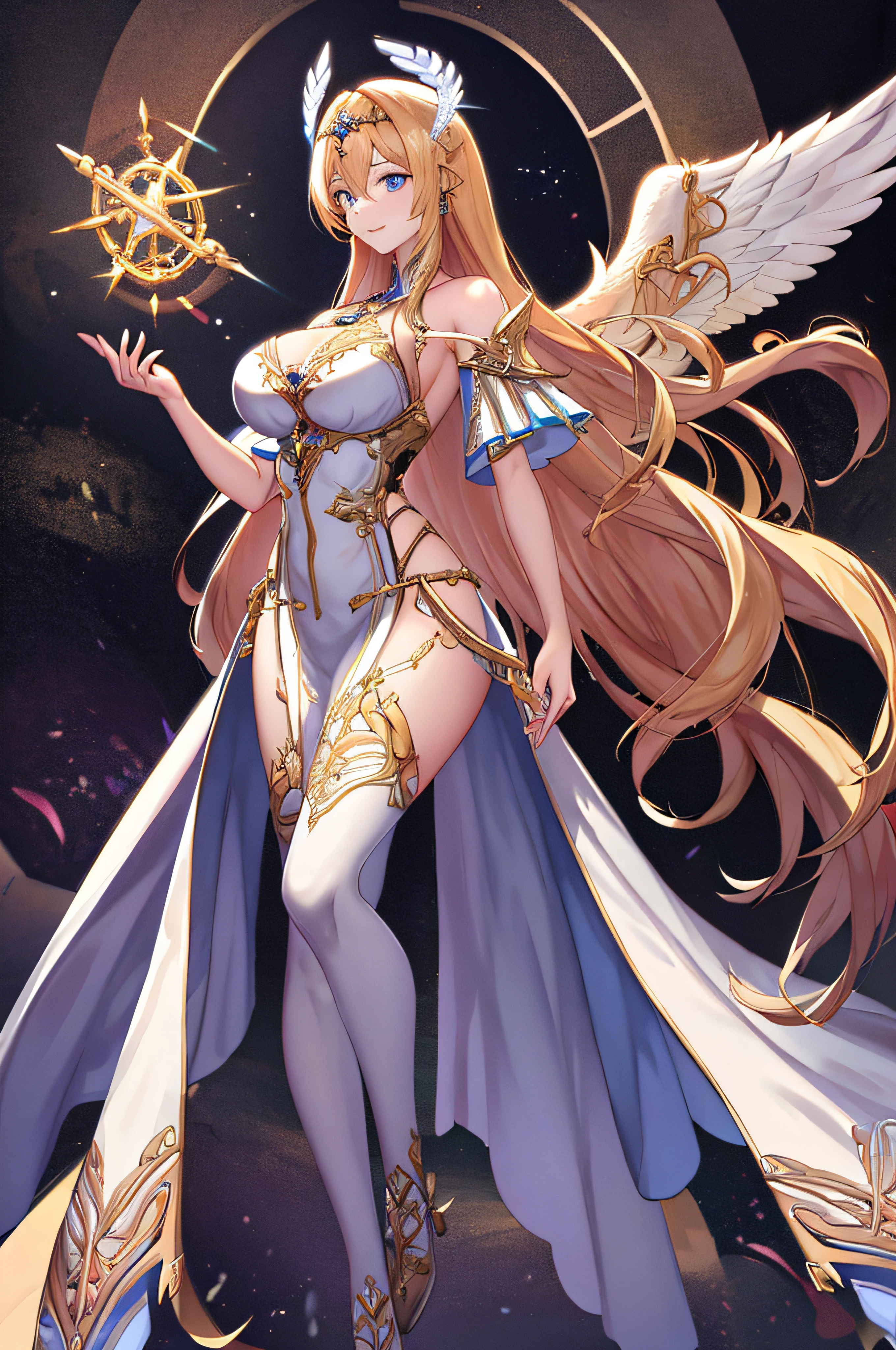 high priestess,valkyrie,Angel wings,nabel,Side Chest,复杂,light particules,upper legs,shiny skins,perfect litthing,1girll,looking at viewert,Headdress with wings,pelvis curtain,ssmile,(tmasterpiece),(Best quality at best),very Bigger breasts,maternal,Porcelain skin,Honey Blonde Hair,Very long hair,Wavy hair,Best quality at best,Perfect face,Normal proportions fingers