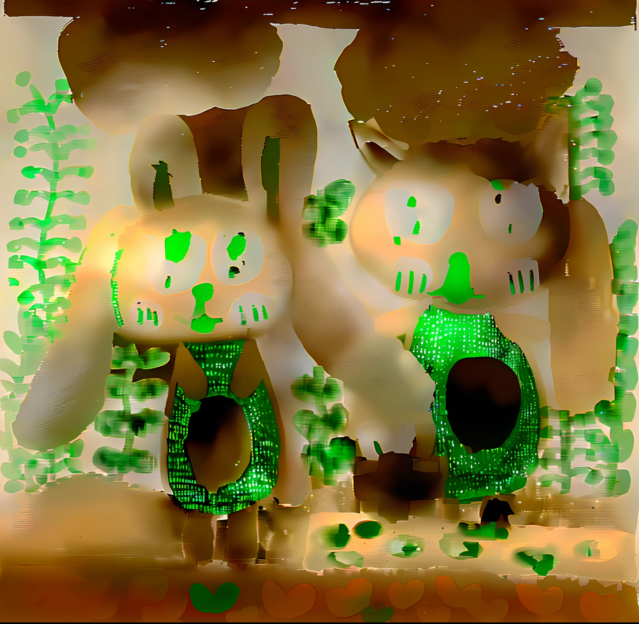 Painting two children in animal costumes standing in a field, a forest with bunnies, kids drawing, children's artwork, based on child's drawing, author:alice, author:Koichiro Kume, KIDS ILLUSTRATION, inspired by Karel Appel, author:Reiko Ikemura, Children's illustration, author:Eva Frank, author:Yuko Tatoshima