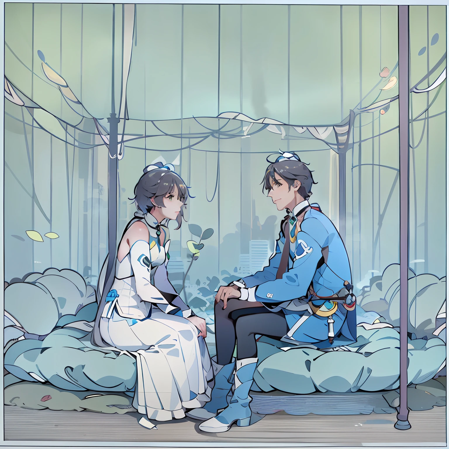 A man and a woman sat on a large blue bed,Sit opposite each other,Look at each other,Line of sight meets,Ray traching