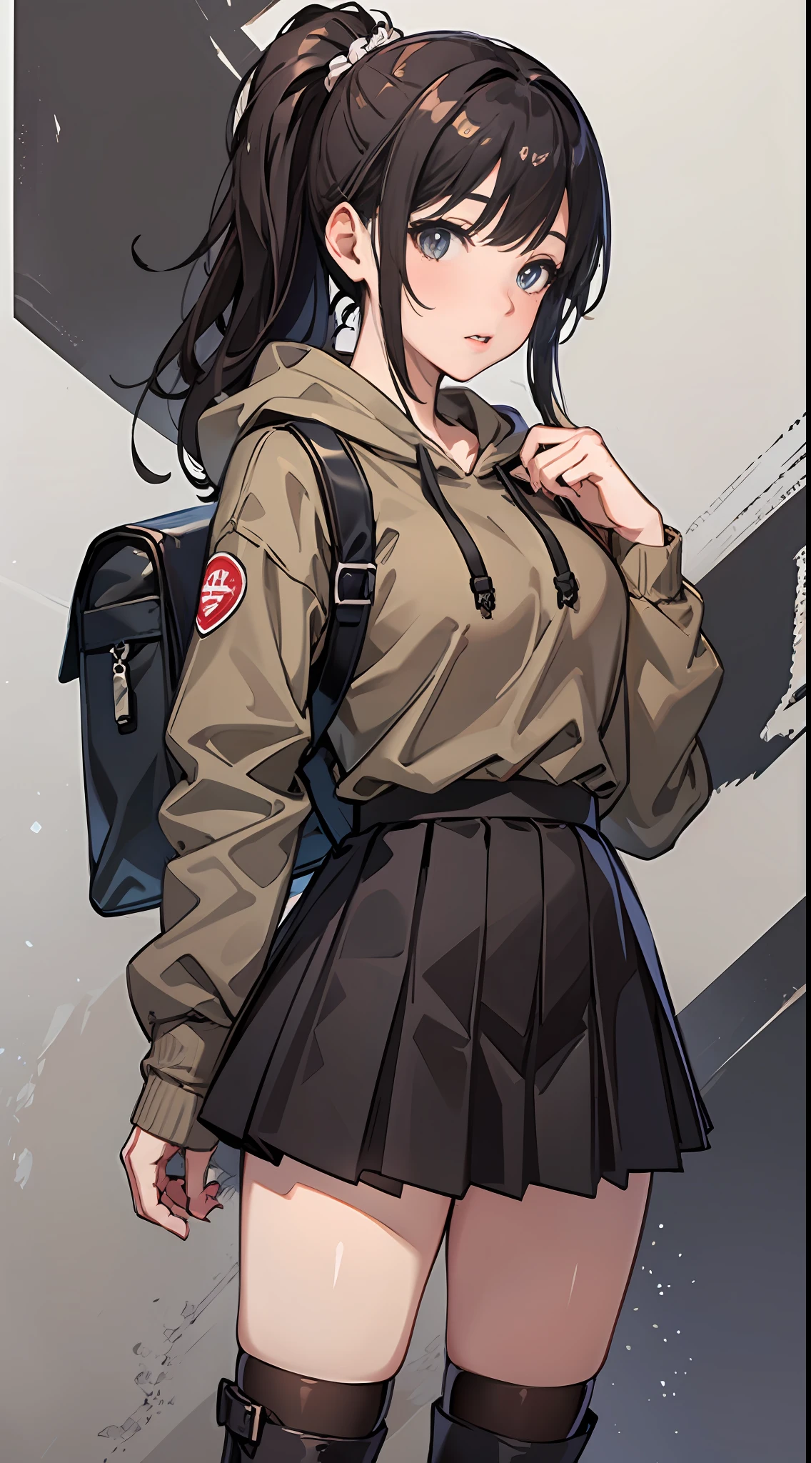 hyper HD, Masterpiece, Textured skin, Super detail, High details, High quality, Best quality, A high resolution, 8K, 16k，full body,a women ,solo,pure Brown hoodie, whitet-shirt, grey Mini pleated skirt ，long socks, Black leather boots, Black backpack， long black hair，comic bangs，high ponytail，Blush,realistic face,realism, a character portrait, white background