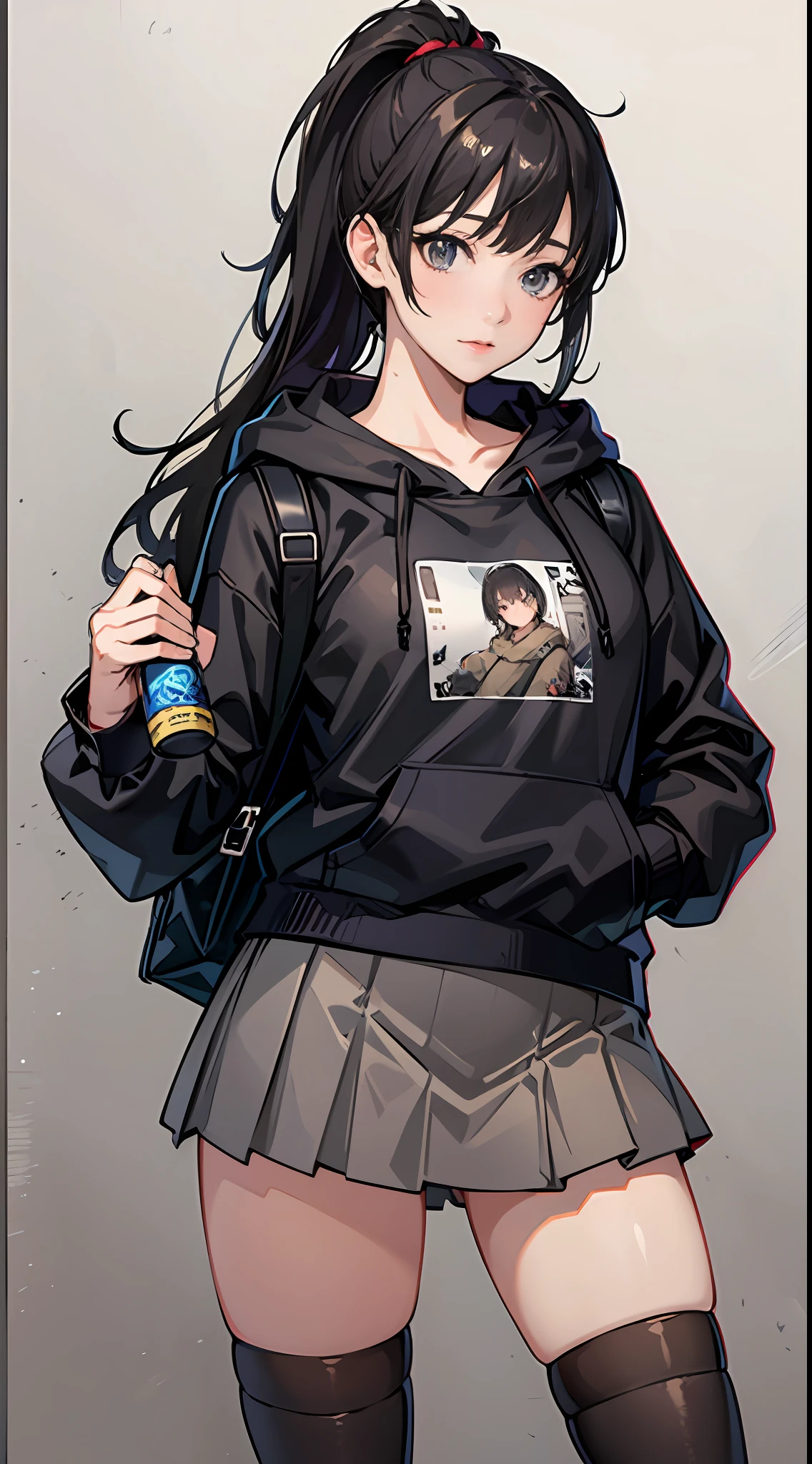 hyper HD, Masterpiece, Textured skin, Super detail, High details, High quality, Best quality, A high resolution, 8K, 16k，full body,a women ,solo,pure Brown hoodie, whitet-shirt, grey Mini pleated skirt ，long socks, Black leather boots, Black backpack， long black hair，comic bangs，high ponytail，Blush,realistic face,realism, a character portrait, white background