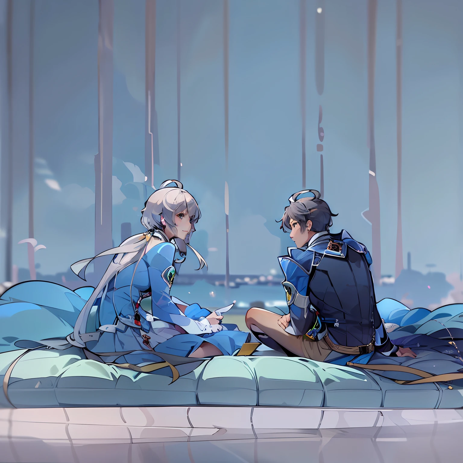 A man and a woman sat on a large blue bed,Sit opposite each other,Look at each other,Line of sight meets,Ray traching