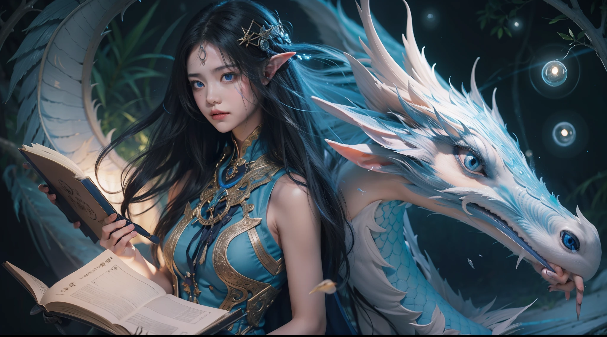 Magic Book,Blood,Night, Dark, (Fantasy),infinite,deep blue sky,The abyss of knowledge,Cowledge,((masutepiece)), (((Best Quality))),((Beautiful fine eyes)),(Eye lashes)、Beautiful girl riding a blue dragon、(女の子1人)、Perfect human body structure、Black hair、The long-haired、abyss eyes、glowy skin、oils、small tits、(Bird body、pluma)、Wizard robes、tattered cloth、Realistic coat、Teenchi、elvish、Super delicate CG Unity 32k wallpaper、​masterpiece, ((ultra-detailliert)), ((illustratio)),colourfull,wall-paper,The energy,Unknown terror,Incomprehensible,Around the magic,Magical surroundings,magic wands,Boken,Flying pages,Know everything,Predict the future、Get to know the past、Infinite wisdom、blue flames、Warlock、magic circles、Pentagram、Spells、mantra、Singing magic