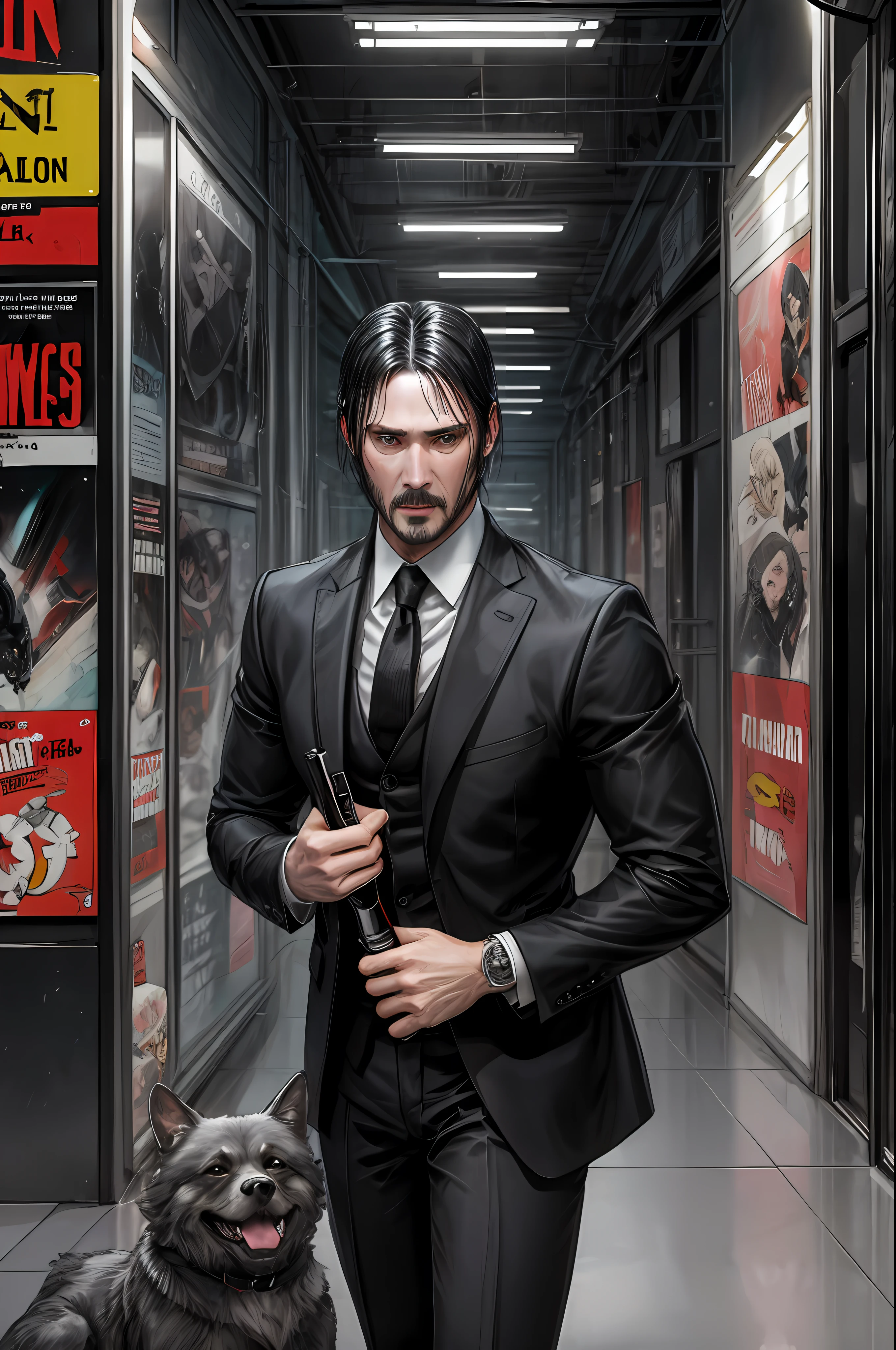 hard colors noir comix style John Wick, white and black and red