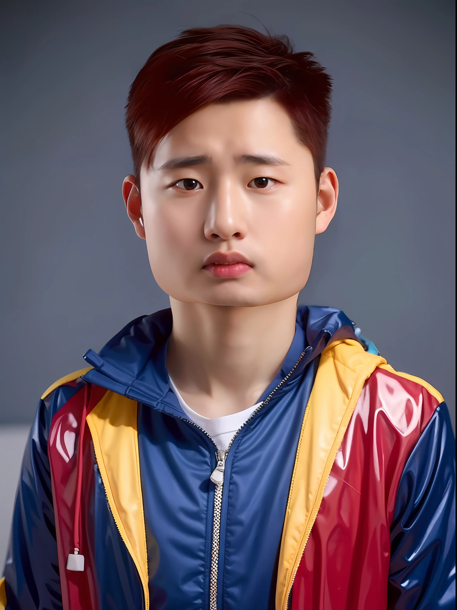 Chinese male high school student,Wearing PVC light blue tracksuit
