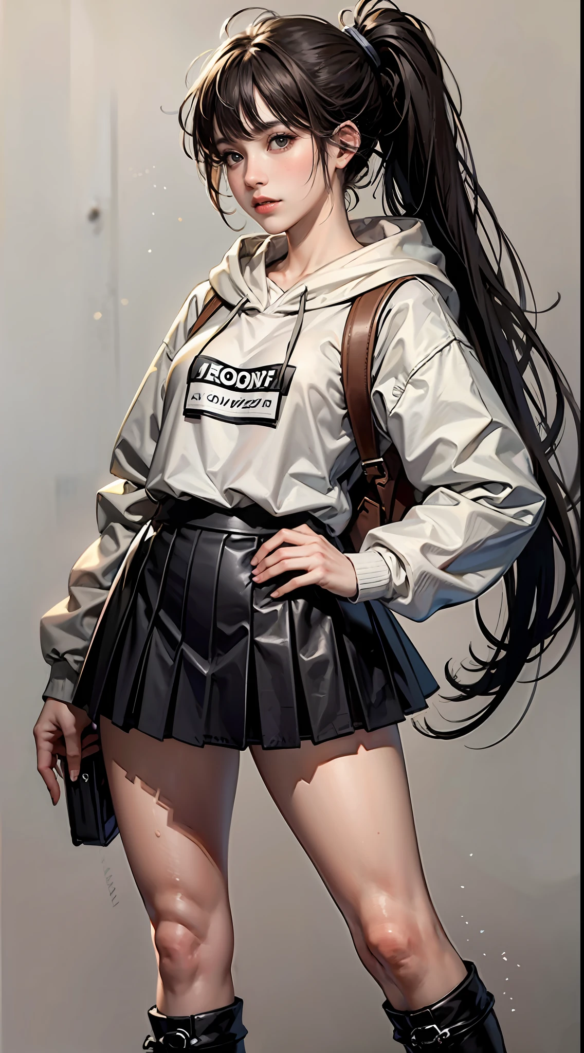 hyper HD, Masterpiece, Textured skin, Super detail, High details, High quality, Best quality, A high resolution, 8K, 16k，full body,a women ,solo,pure Brown hoodie, whitet-shirt, grey Mini pleated skirt ，long socks, Black leather boots, Black backpack， long black hair，high ponytail，Blush,realistic face,realism, a character portrait, white background