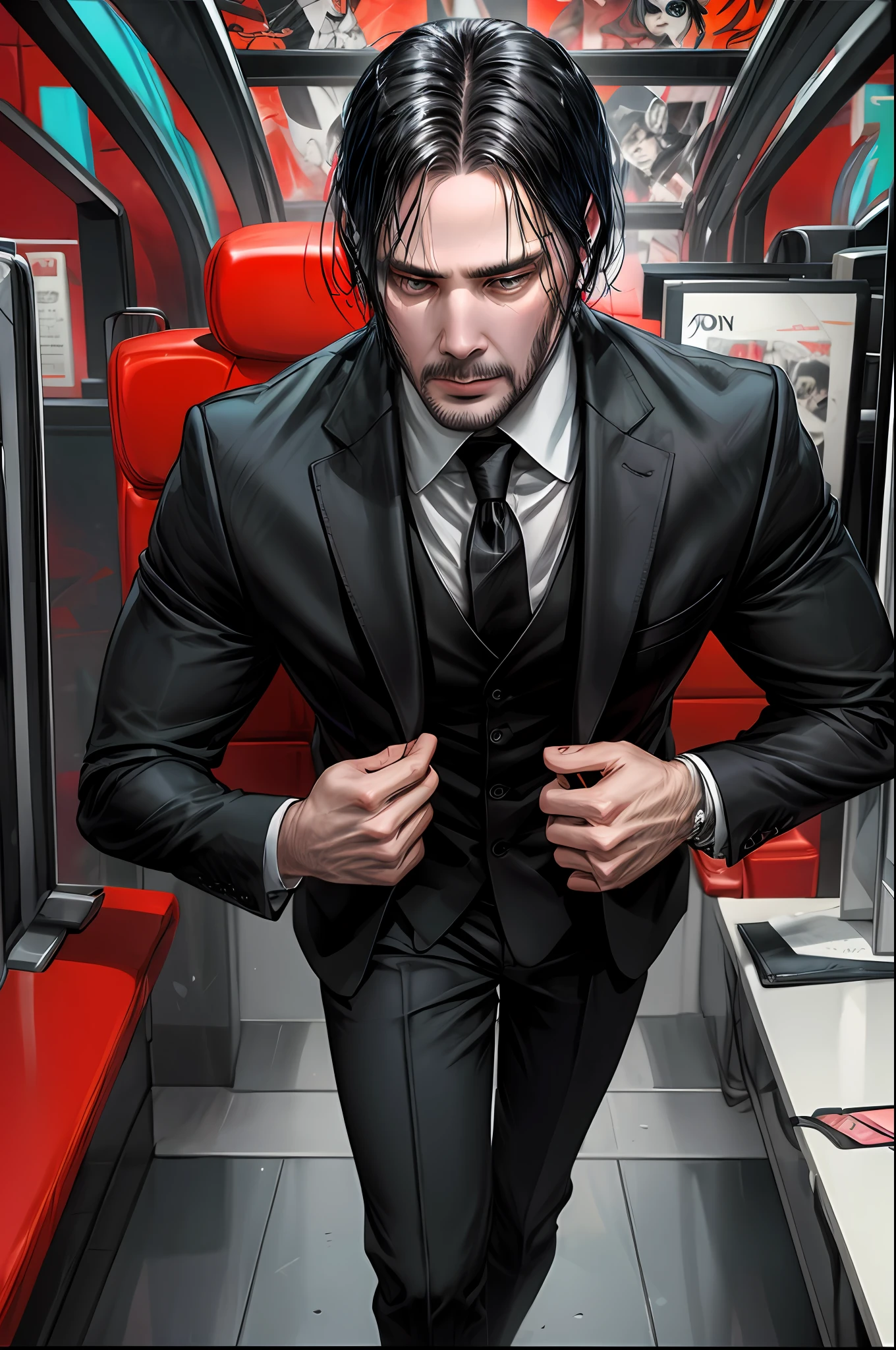 hard colors noir comix style John Wick, white and black and red