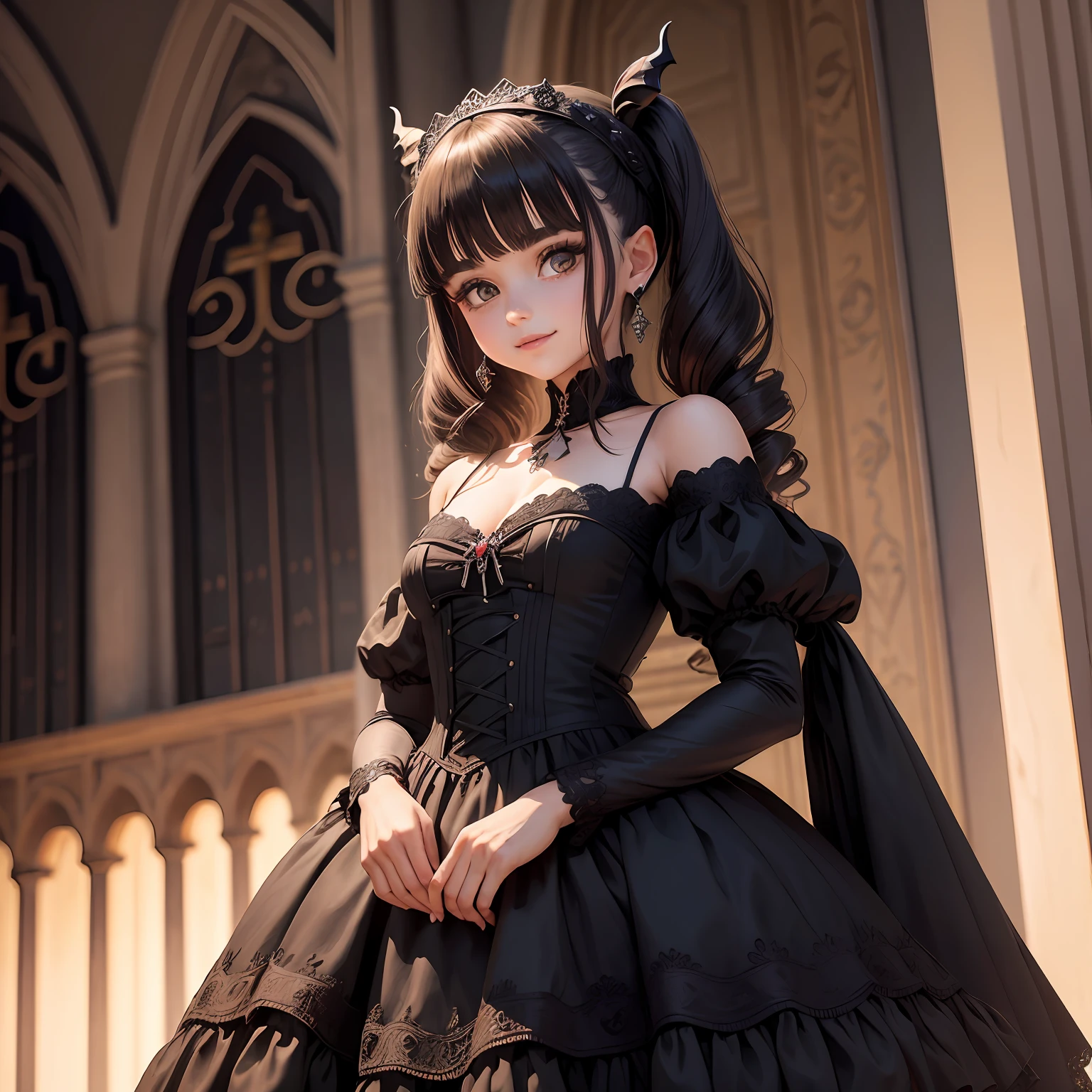 ((obra-prima)),(melhor qualidade),(detalhado),(1girl), cabelo vermelho, olhos azuis brilhantes, Updo, camisa branca, saia preta, olhando para o espectador, Loli in gothic dress, garota demonio, sorrindo, asas de demonio, no centro da tela , com chifres, durante a noite, igreja sombria