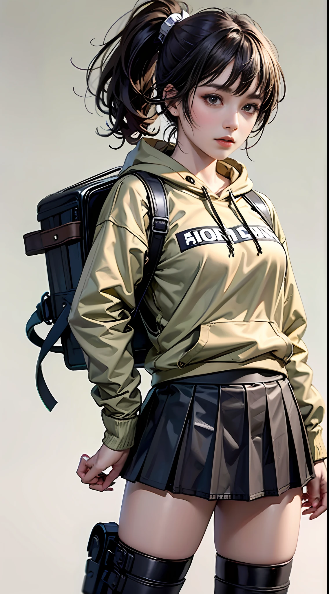 hyper HD, Masterpiece, Textured skin, Super detail, High details, High quality, Best quality, A high resolution, 8K, 16k，full body,a women ,solo,pure Brown hoodie, whitet-shirt, grey Mini pleated skirt ，long socks, Black leather boots, Black backpack， long black hair，high ponytail，Blush,realistic face,realism, a character portrait, white background