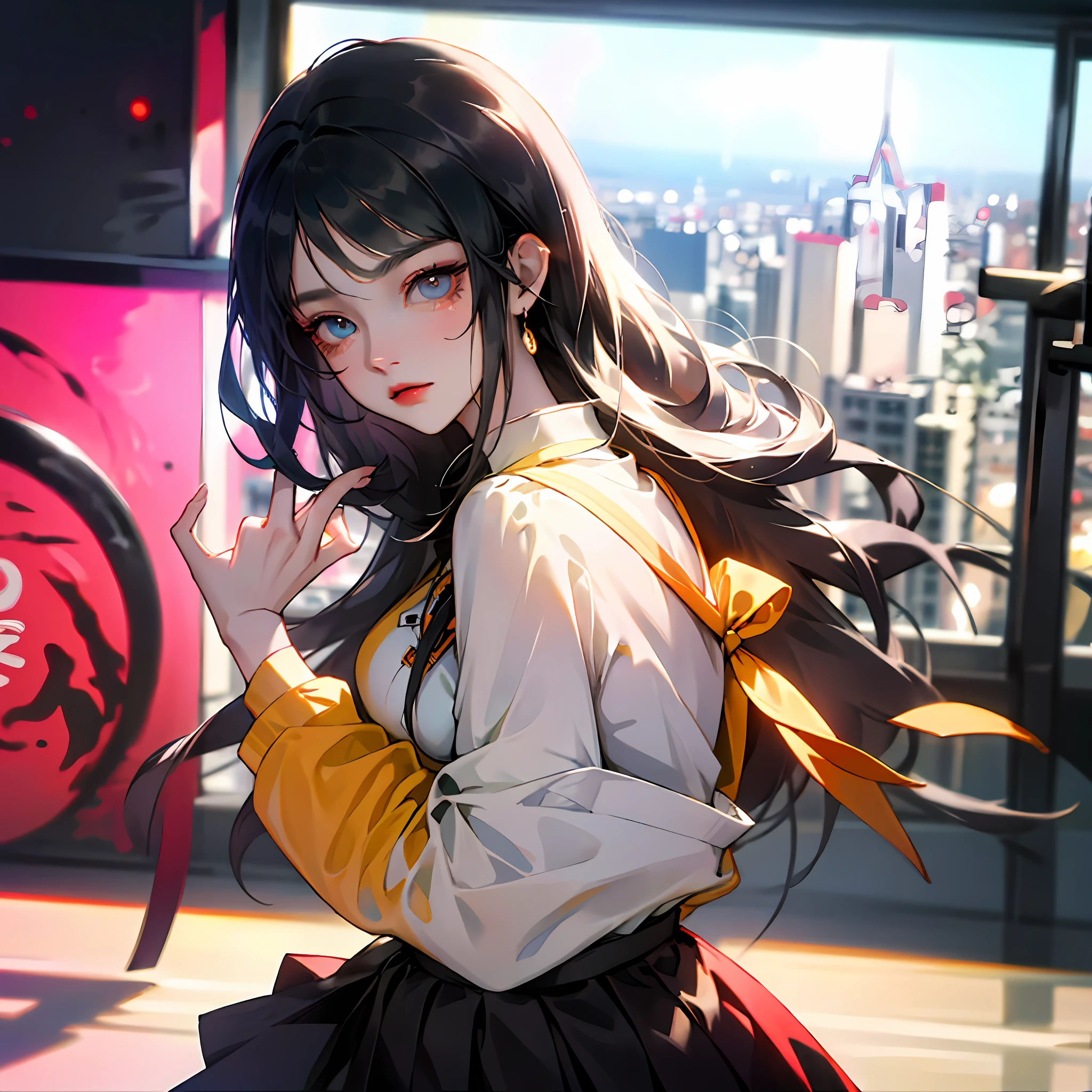 Top image quality、ultra-detailliert、8K、ultra-detailliert、Top image quality、1 girl in、Japan Beauties、adult-like、Beautiful fece、drooing eyes、big eye、20yr old、Hair with a black surface、Indigo hair on the back、Slim Faces、a cold expression、full body Esbian、Big breasts、Lustrous hair、Black uniform、Orange ribbon、Yellow button、A very large sickle in his left hand、Long skirt、Black skirt、a belt、Long-sleeved uniform、Neon City、highrise buildings、Dark place、Electronic panel、Near the future、City of the Future、Turning away、Rear view、The face is front、Facing the front --auto