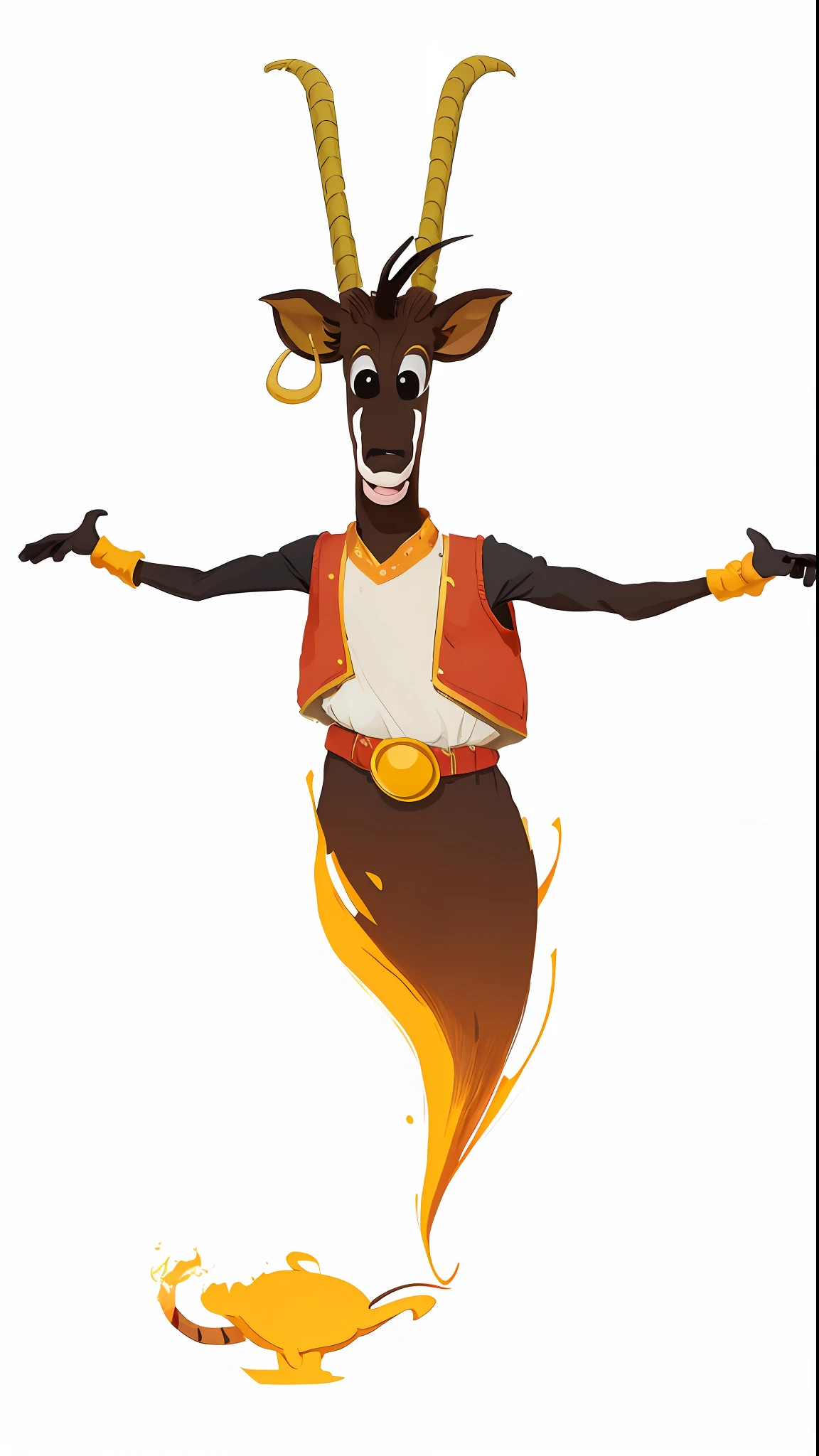 Cartoon goat with horns and a red vest is standing in a flame, design de personagens animados, dancing character, design de personagens aardman, animation character, Vencedor do concurso de design de personagens, Caractere mesclado, arte conceitual oficial, an anthropomorphic deer, anthropomorphic character, arte oficial do personagem, official character illustration, design de personagem muito estilizado, Design de personagem estilizado