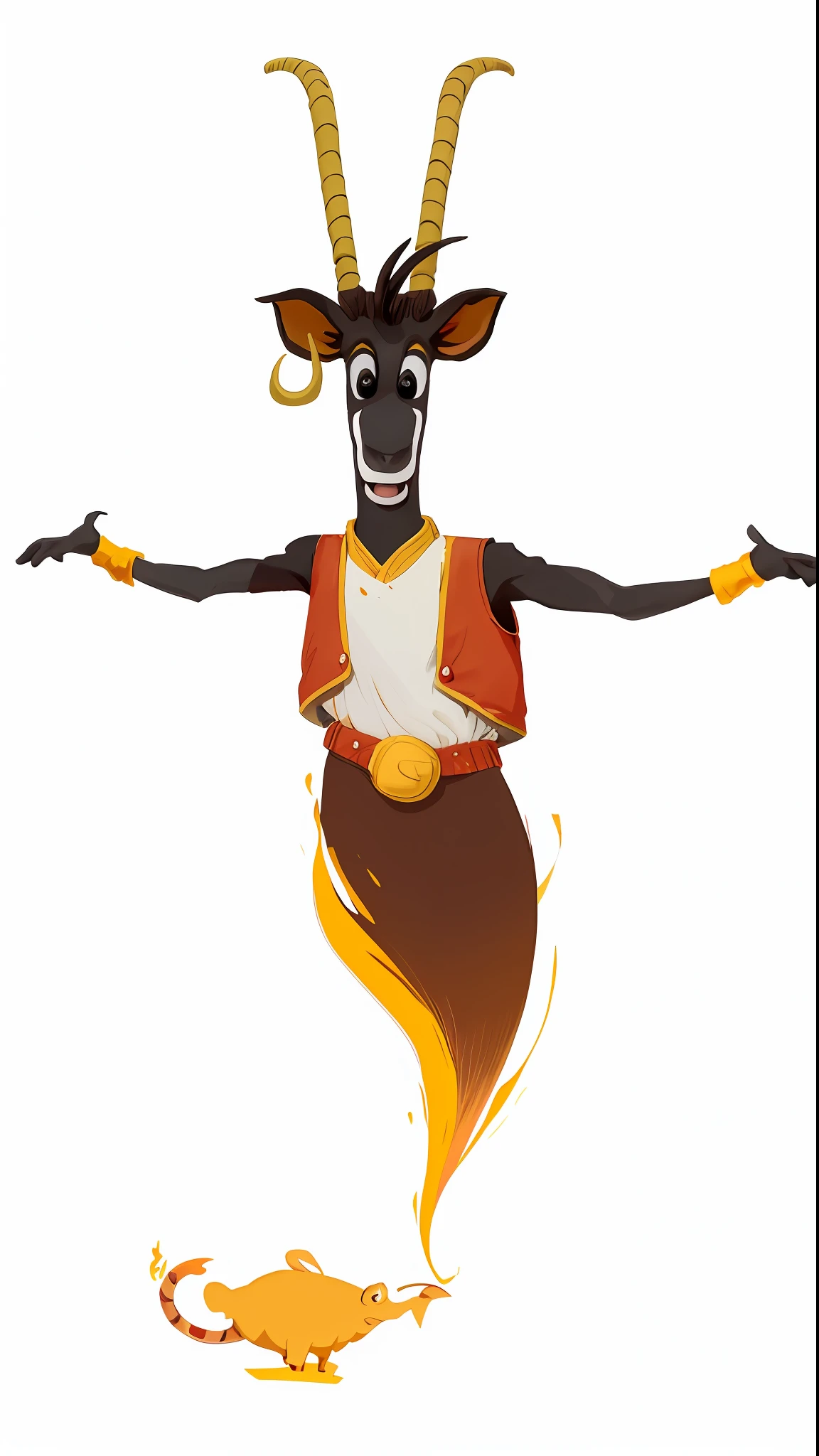 Cartoon goat with horns and a red vest is standing in a flame, design de personagens animados, dancing character, design de personagens aardman, animation character, Vencedor do concurso de design de personagens, Caractere mesclado, arte conceitual oficial, an anthropomorphic deer, anthropomorphic character, arte oficial do personagem, official character illustration, design de personagem muito estilizado, Design de personagem estilizado