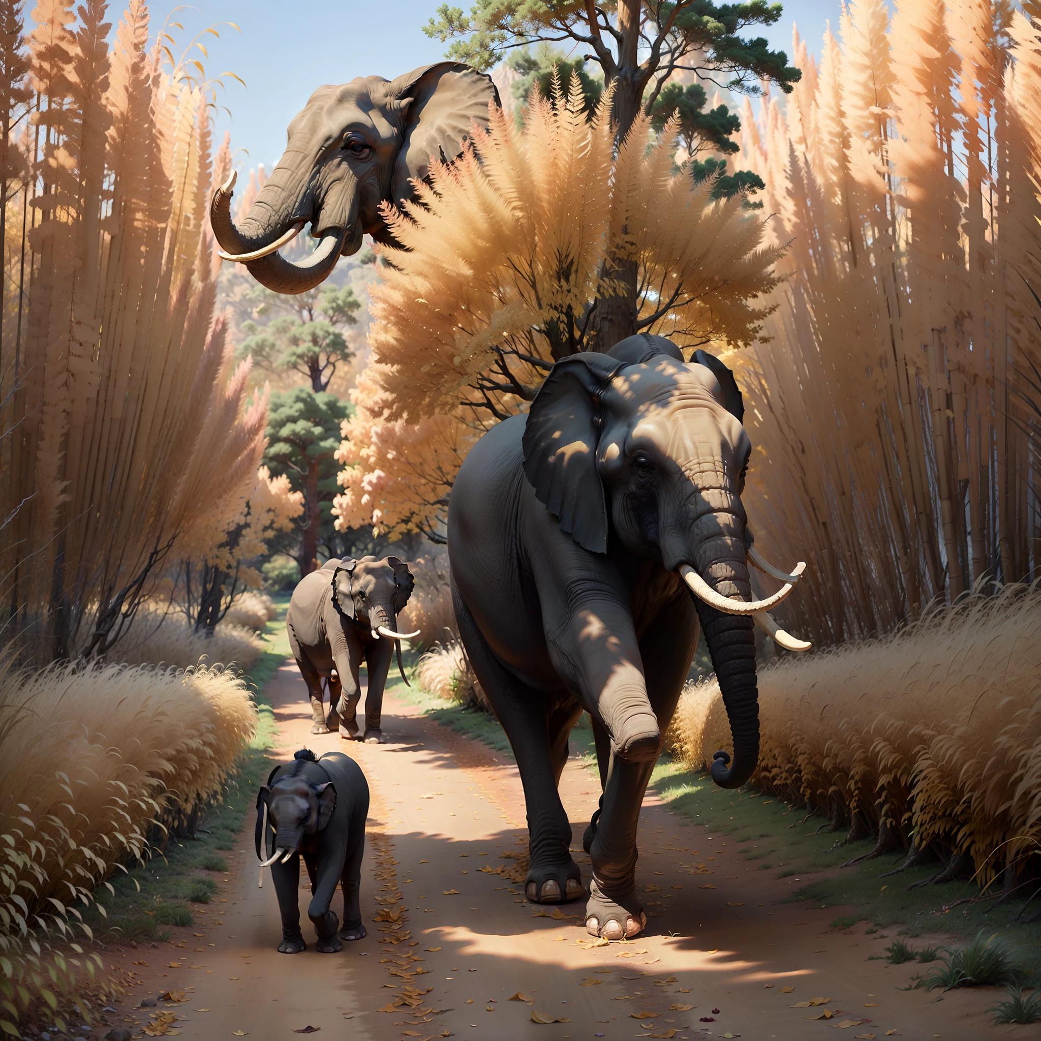 An African elephant mother with big ears sniffing out her newborn calf as they walk together through tall golden grasses and sparse acacias with the Mt.. Kilimanjaro visto ao longe no horizonte.
