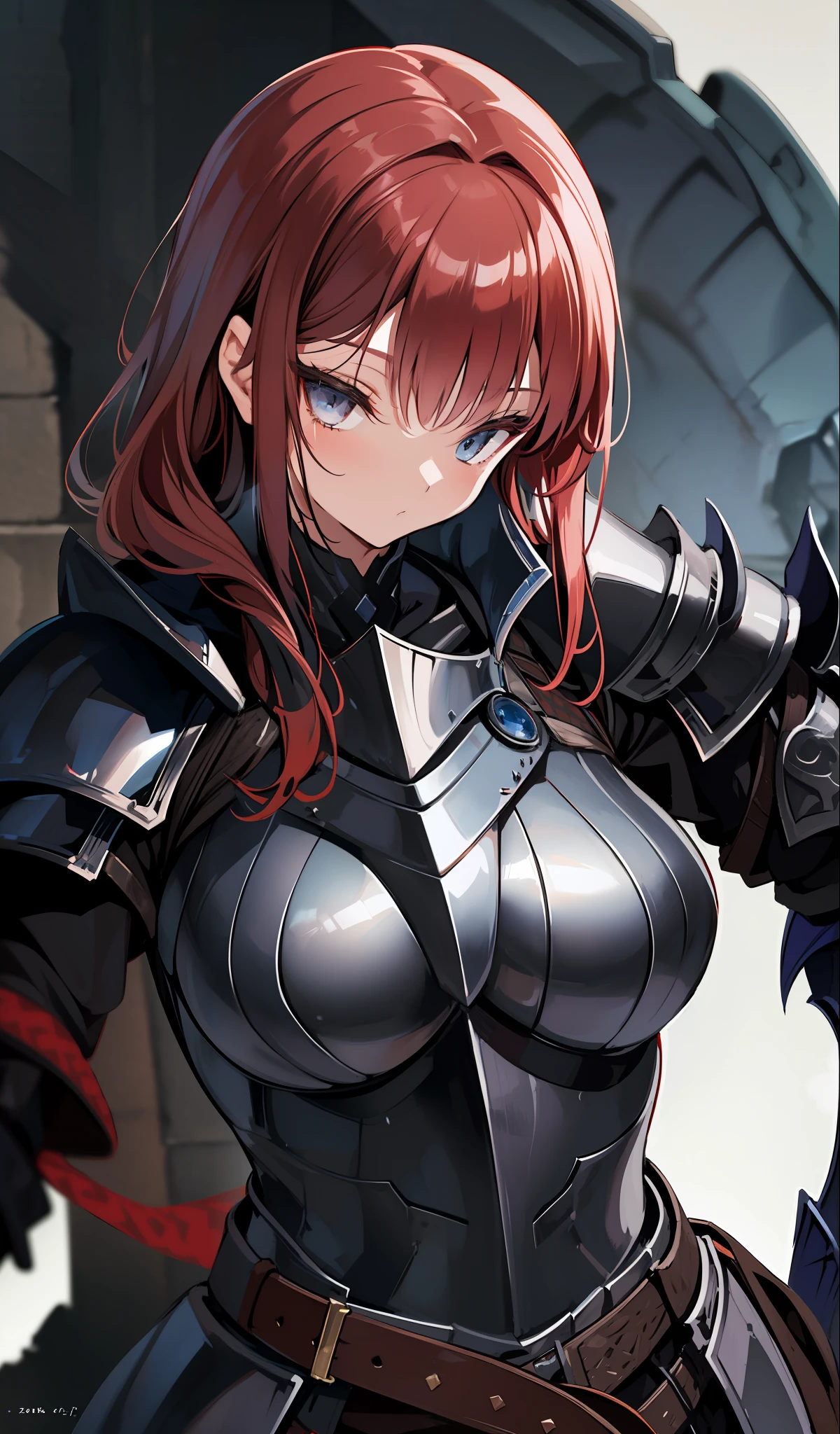 illustratio、(top-quality)、(((​masterpiece)))、(Hi-Res)、Original、(Solo Girl)、A sexy、Thick、Big body、Close up portrait of a person in costume of a knight with a sword, (Red-haired),Dark Souls Armor Concept, Flowing robes and leather armor, Dark Armor, pale black armor, Armor and robes, Character concept art honors, Concept Armor, Medieval concept art, concept art of a warrior, Black Armor, Black Iron Armor, Gray armor, sharp edged black armor, Black Armor