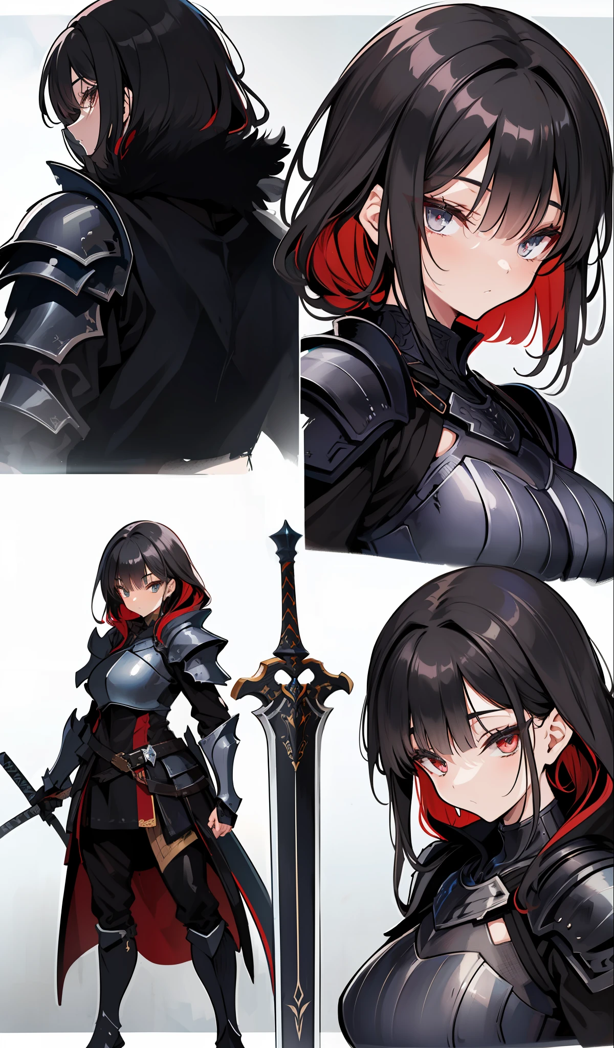 illustratio、(top-quality)、(((​masterpiece)))、(Hi-Res)、Original、(Solo Girl)、A sexy、Thick、Big body、Close up portrait of a person in costume of a knight with a sword, (Red-haired),Dark Souls Armor Concept, Flowing robes and leather armor, Dark Armor, pale black armor, Armor and robes, Character concept art honors, Concept Armor, Medieval concept art, concept art of a warrior, Black Armor, Black Iron Armor, Gray armor, sharp edged black armor, Black Armor