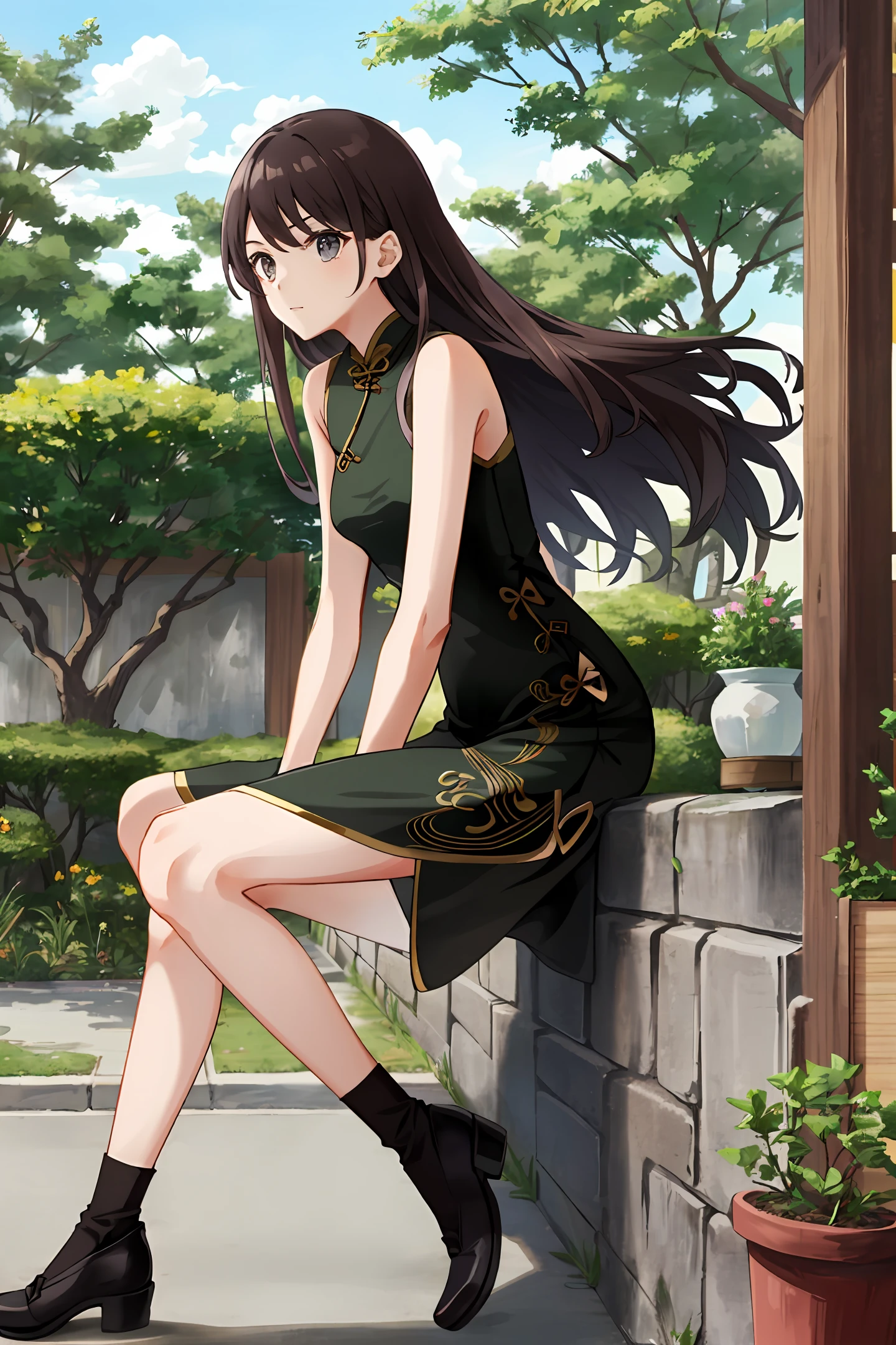 An eleven-twelve-year-old two-dimensional girl wearing a cheongsam and black silk