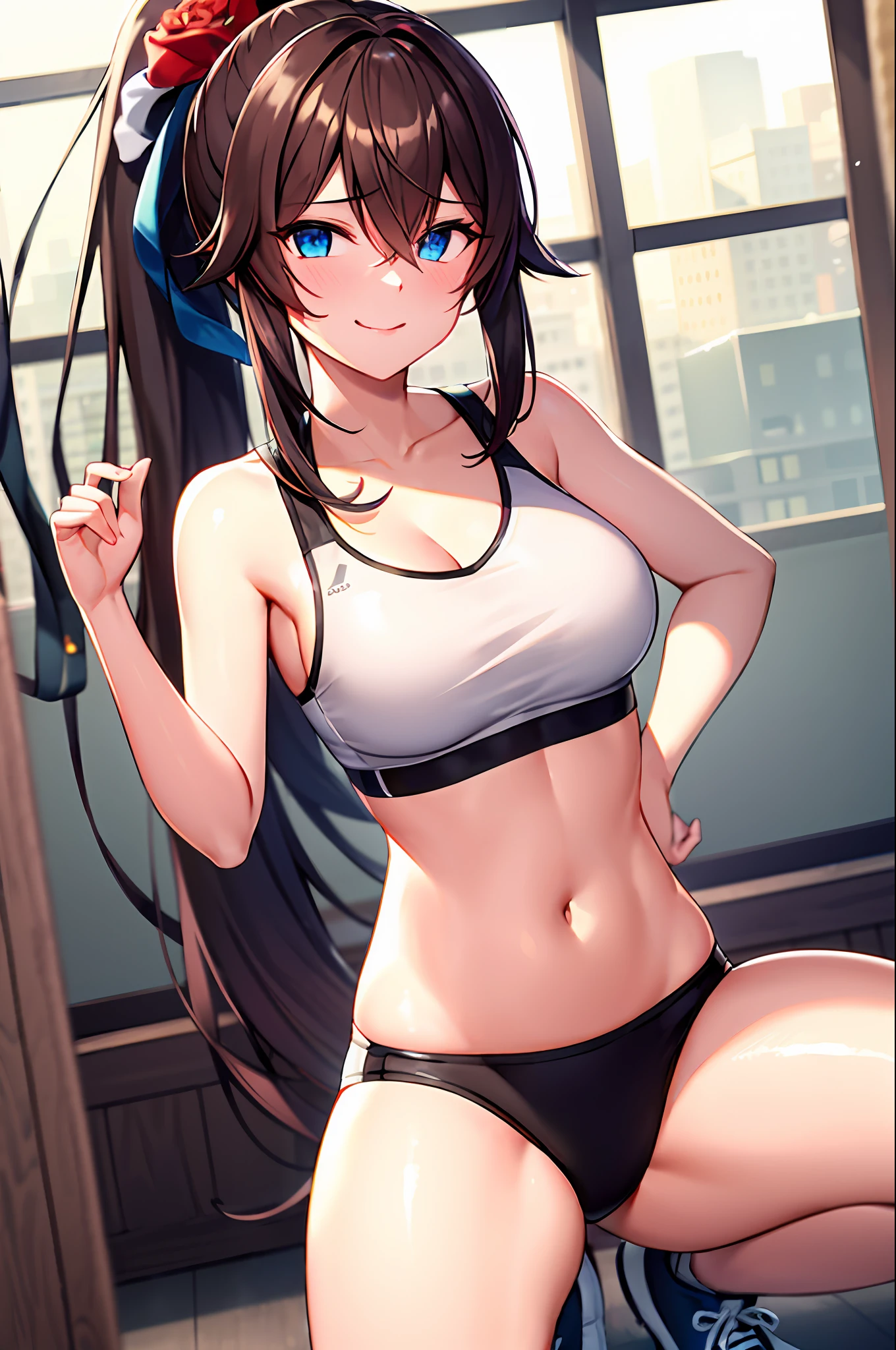 masterpiece, best quality, ultra-detailed, illustration, warm lighting, bright colors, 1girl,solo, long hair, very long hair, chifuyu, blue eyes, bangs, hair_flower, hair_ornament, hair_over_eyes, ponytail,

stomach, navel, hand on hip, cowboy shot, bare shoulders, collar, collarbone, smile, midriff,

gym, exercise machine, indoors, [[[[obliques]]]], steaming body, thighs, bare legs, squatting, hand on own thigh, depth of field, weights,