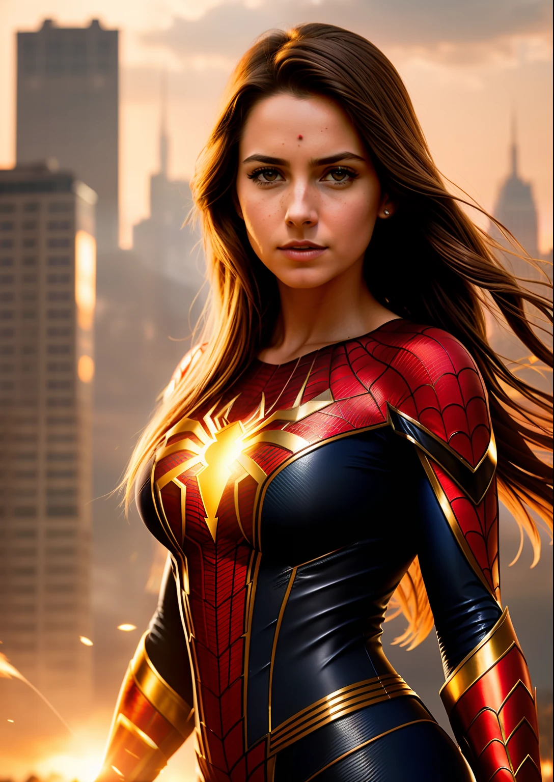 Beautiful woman of European appearance in a detailed brown Spider-Man costume, big breastes, Superhero pose catches, Joyful, Standing in a ruined city at sunset, hyper-detailing, Smoke, sparks, sunlight rays (8 thousand), Realistic, Symmetrical, Award-winning, Cinematic Lightning, impregnated with film, 75 mm, scratches, Full-body shot, a closeup of a, torn and dirty clothes, detailized face,