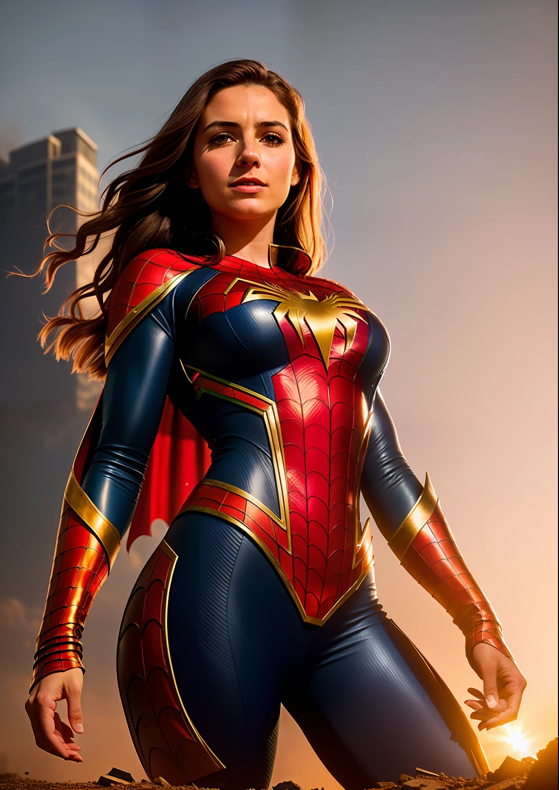 Beautiful woman of European appearance in a detailed brown Spider-Man costume, big breastes, Superhero pose catches, Joyful, Standing in a ruined city at sunset, hyper-detailing, Smoke, sparks, sunlight rays (8 thousand), Realistic, Symmetrical, Award-winning, Cinematic Lightning, impregnated with film, 75 mm, scratches, Full-body shot, a closeup of a, torn and dirty clothes, detailized face,