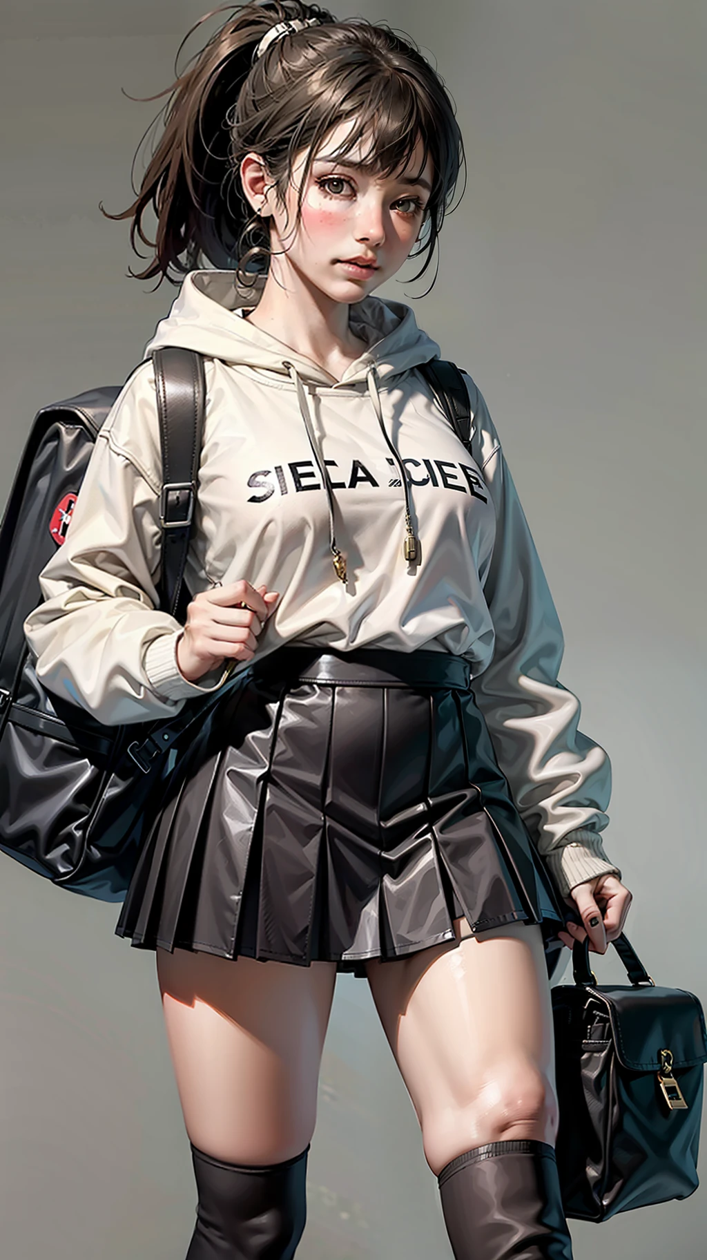 hyper HD, Masterpiece, Textured skin, Super detail, High details, High quality, Best quality, A high resolution, 8K, 16k，full body,a women ,solo,pure Brown hoodie, whitet-shirt, grey Mini pleated skirt ，long socks, Black leather boots, Black backpack， long black hair，high ponytail，Blush,realistic face,realism, a character portrait, white background