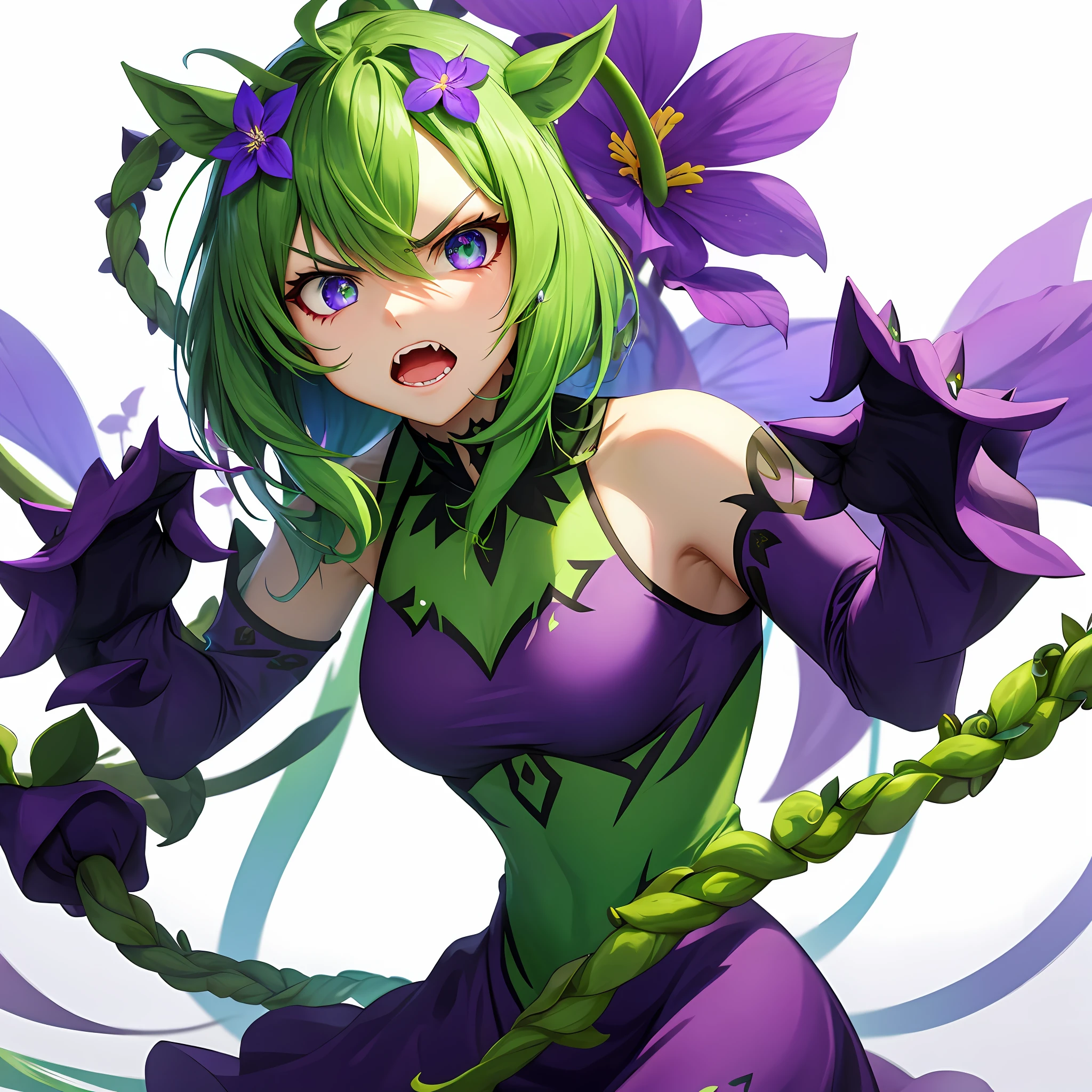 Bipedal creature resembling a green pony, purple flower with glowing white-blue center, green vine tendrils, angry eyes, and covered in purple spikes, masterpiece, best quality