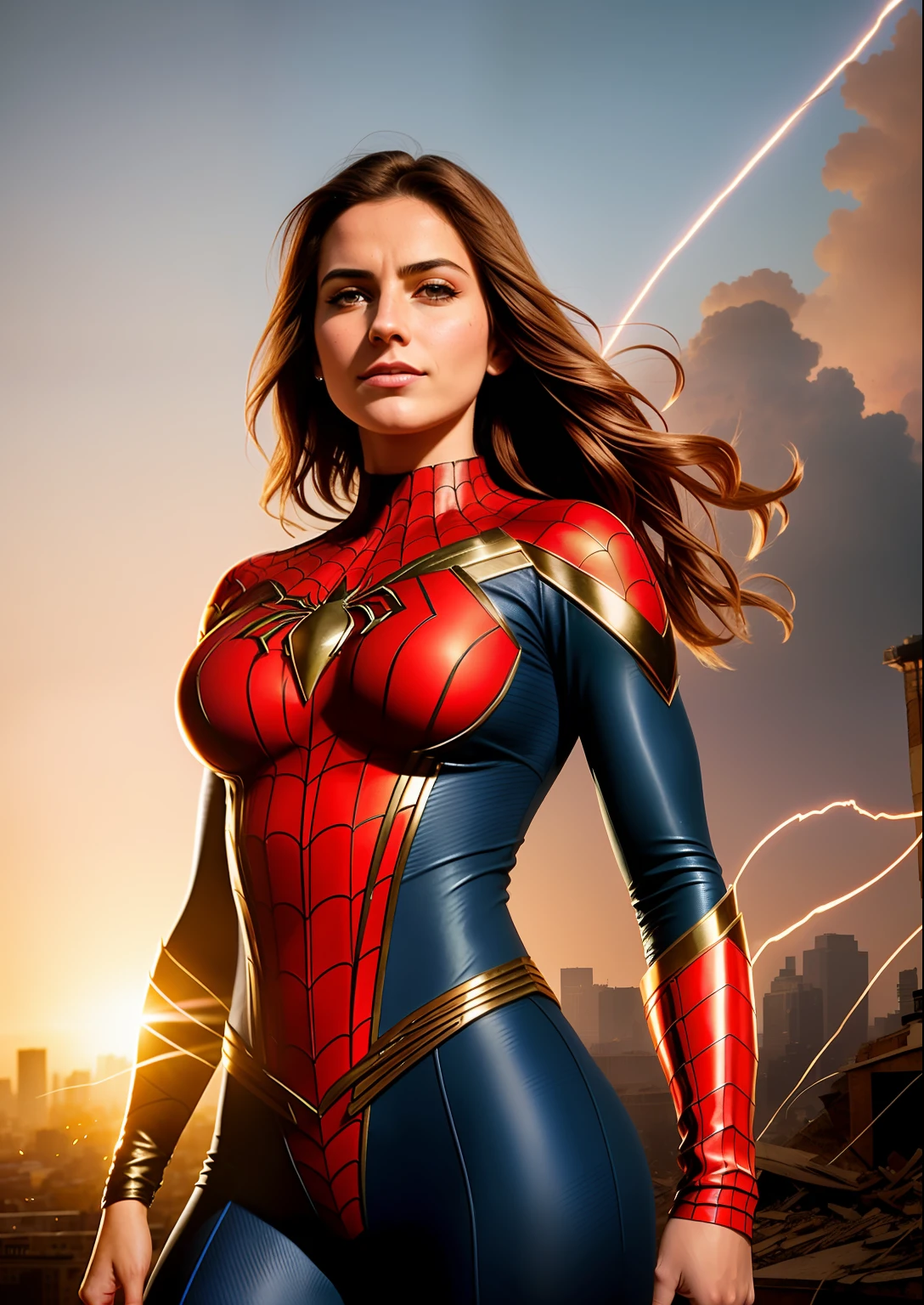 Beautiful woman of European appearance in a detailed brown Spider-Man costume, big breastes, Superhero pose catches, Joyful, Standing in a ruined city at sunset, hyper-detailing, Smoke, sparks, sunlight rays (8 thousand), Realistic, Symmetrical, Award-winning, Cinematic Lightning, impregnated with film, 75 mm, scratches, Full-body shot, a closeup of a, torn and dirty clothes, detailized face,