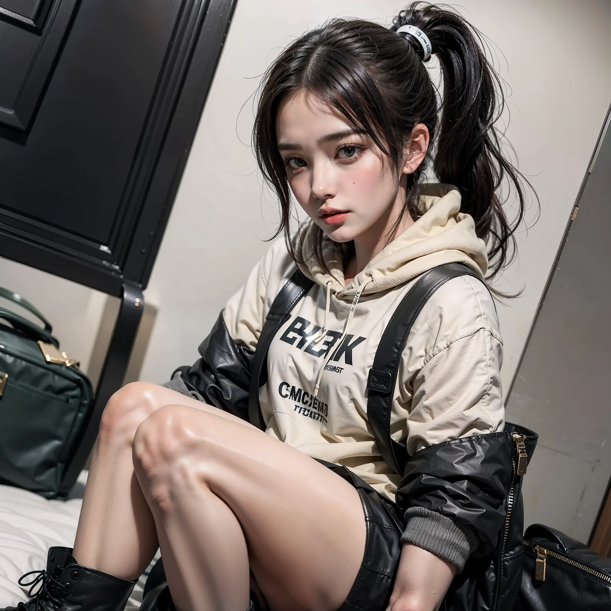 hyper HD, Masterpiece, Textured skin, Super detail, High details, High quality, Best quality, A high resolution, 8K, 16k,full body,1girl,solo,pure Brown hoodie, whitet-shirt, grey Mini pleated skirt ,long socks, Black leather boots, Black backpack, long black hair,high ponytail,Blush,realistic face,realism, a character portrait, white background