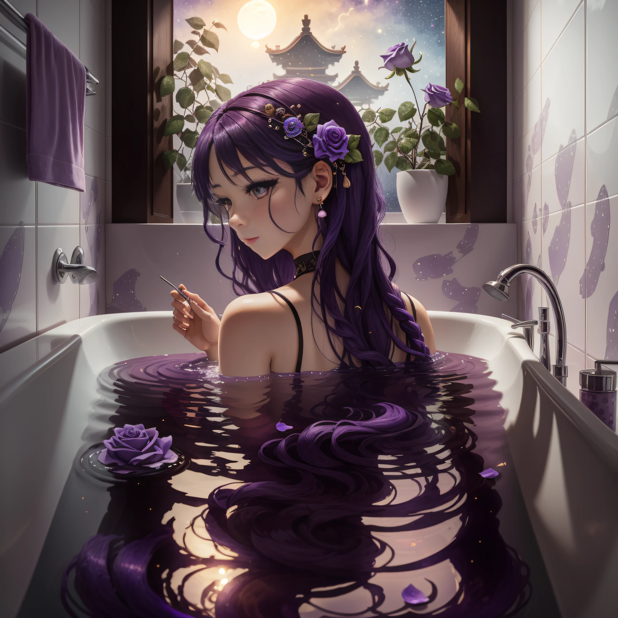 Purple hair Simple girl Full body portrait Dark light Long hair and shoulders Holding a lid, No bone leakage, Cute Chinese style, Shameful bathroom, Soak in the tub, heads up, Roses floating on the water, Bathtub overflow, Rose blush with small earrings pendant starry sky holding red rose