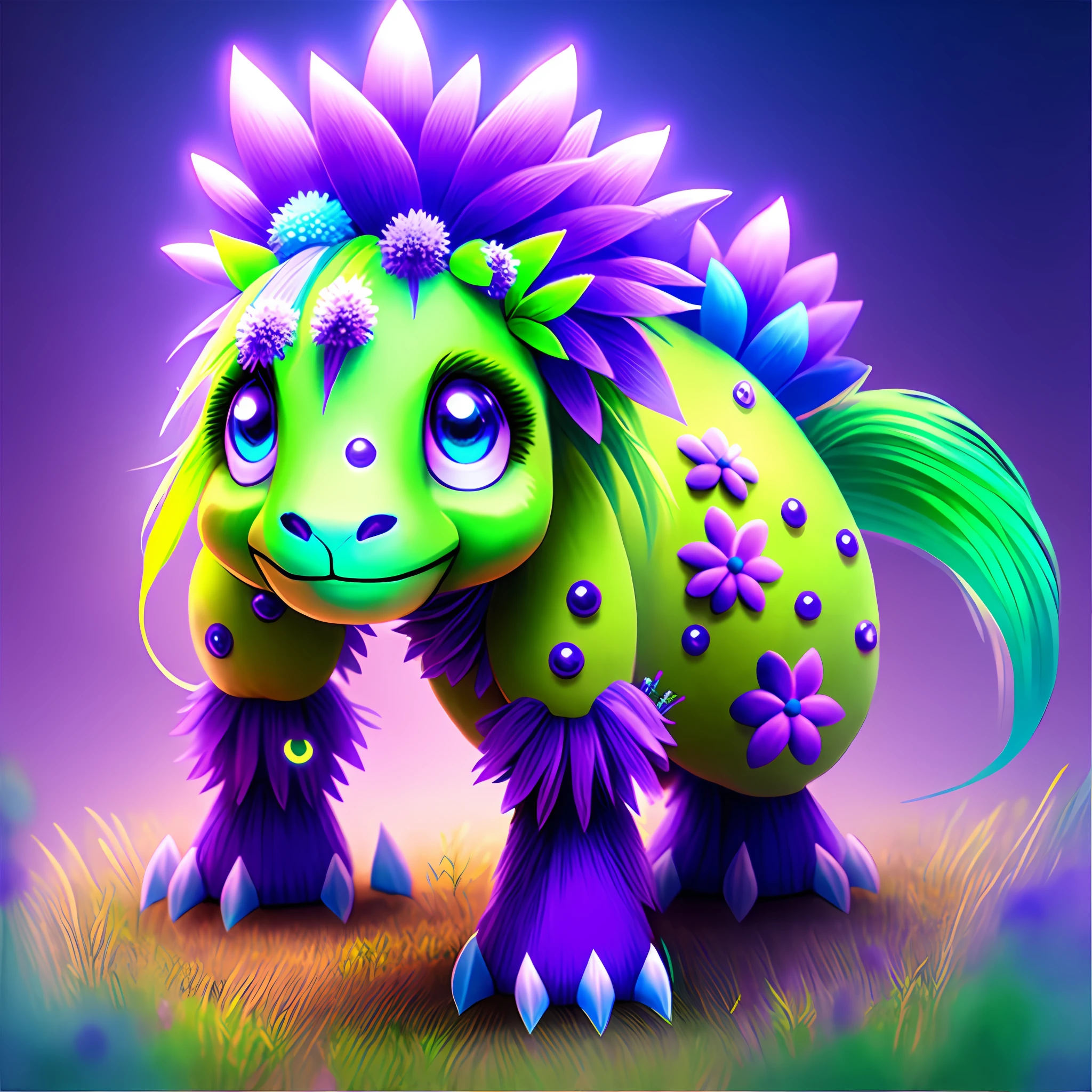 Bipedal creature resembling a green pony, purple flower with glowing white-blue center, green vine tendrils, angry eyes, and covered in purple spikes, masterpiece, best quality