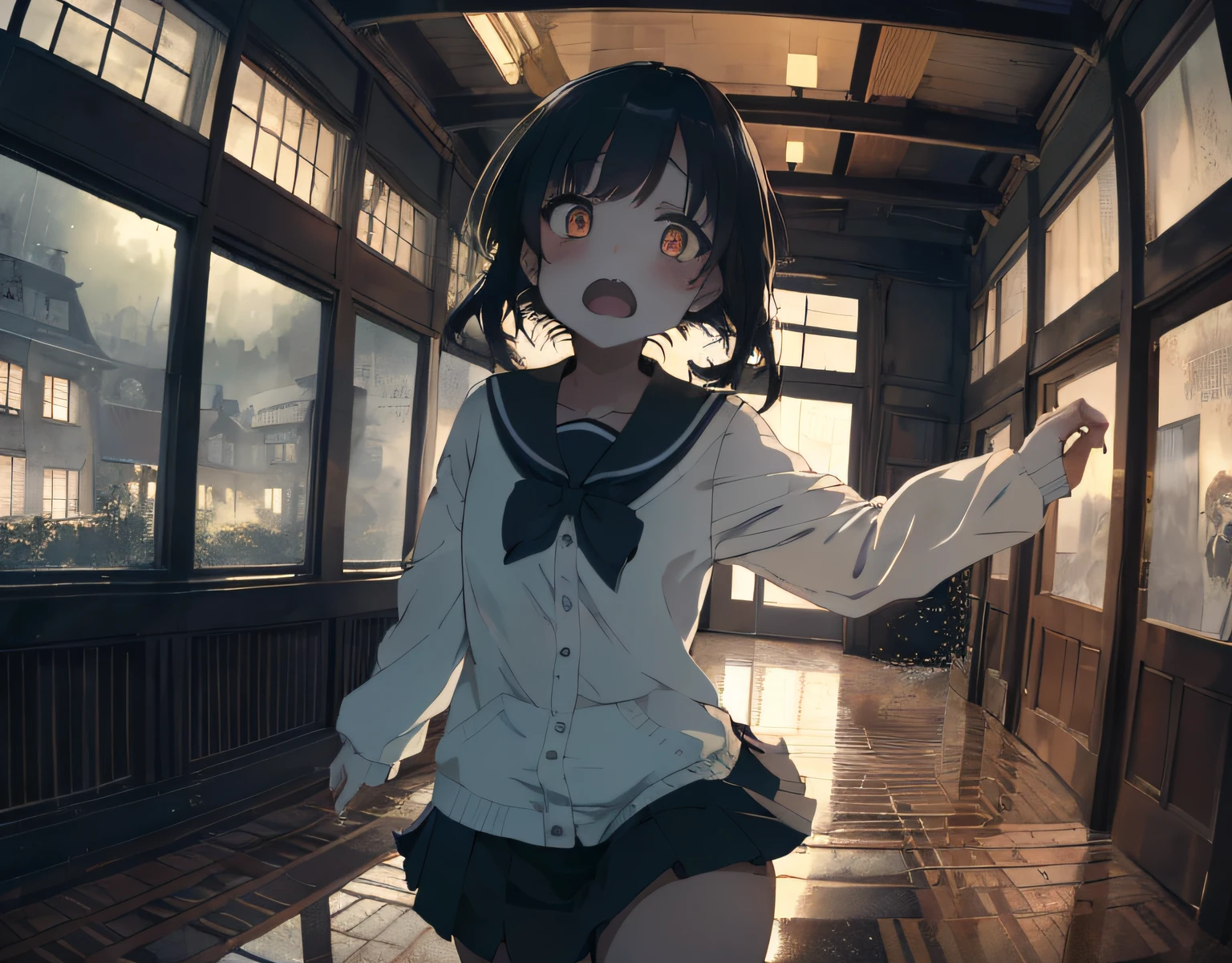 masterpiece, best quality, ultra-detailed, illustration, an extremely delicate and beautiful, cute, 2girl, yuri,two girls holding hands and running, energetic, active, anime, cute, black hair, labyrinth, Mysterious world, night, rain outside the window, lanthanum, search, adventure, run away, chased, dark blue colored skirt, intricate building, complex architecture, dynamic angle, cinematic angle, indoor , wide shot, run, huge building, dark and light, troubled eyebrows, scared, anguish, white blouse, decadent, drifting, where are we? , looking around, fisheye lens, vulgarity, open mouth