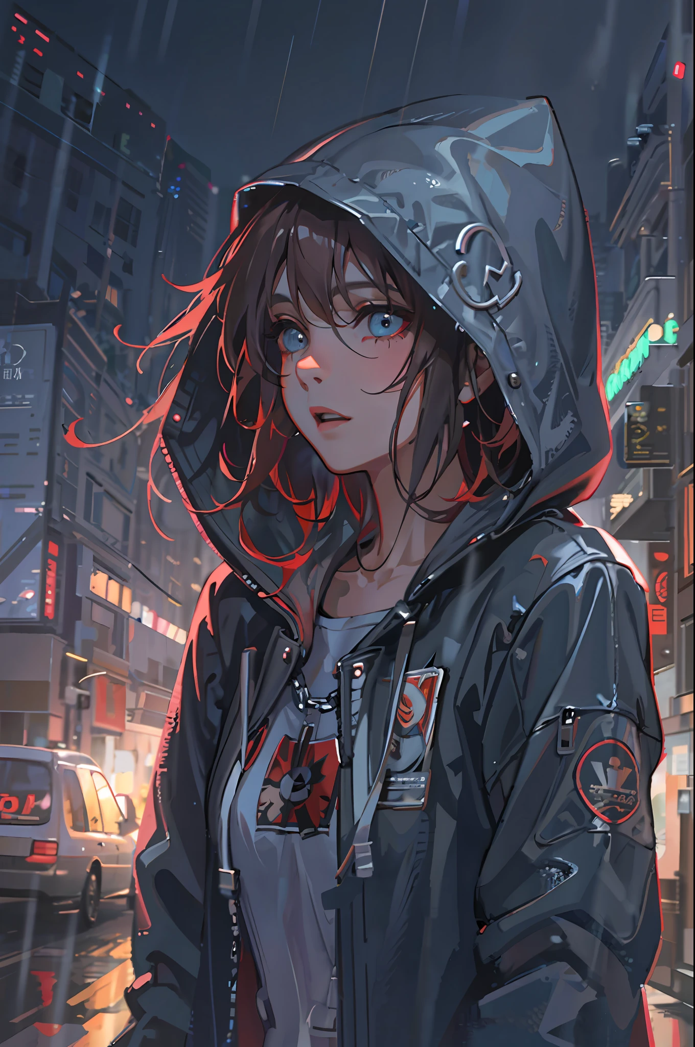 1girl, jacket, rain, outdoor, hoodie, open jacket, chain, backpack, looking at another, messy hair, trending on artstation, 8k resolution, highly detailed, anatomically correct, sharp image, digital painting, concept art, trending on pixiv, style of makoto shinkai,