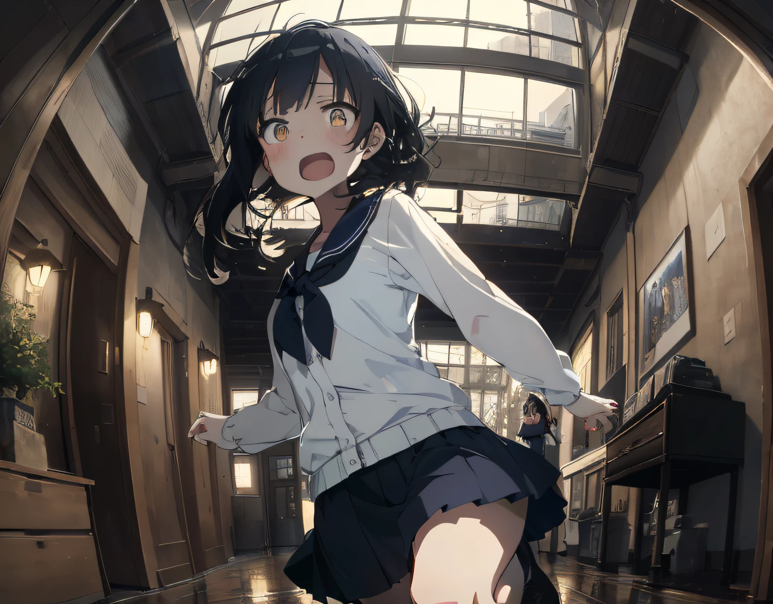 masterpiece, best quality, ultra-detailed, illustration, an extremely delicate and beautiful, cute, 2girl, yuri,two girls holding hands and running, energetic, active, anime, cute, black hair, labyrinth, Mysterious world, night, rain outside the window, lanthanum, search, adventure, run away, chased, dark blue colored skirt, intricate building, complex architecture, dynamic angle, cinematic angle, indoor , wide shot, run, huge building, dark and light, troubled eyebrows, scared, anguish, white blouse, decadent, drifting, where are we? , looking around, fisheye lens, vulgarity, open mouth