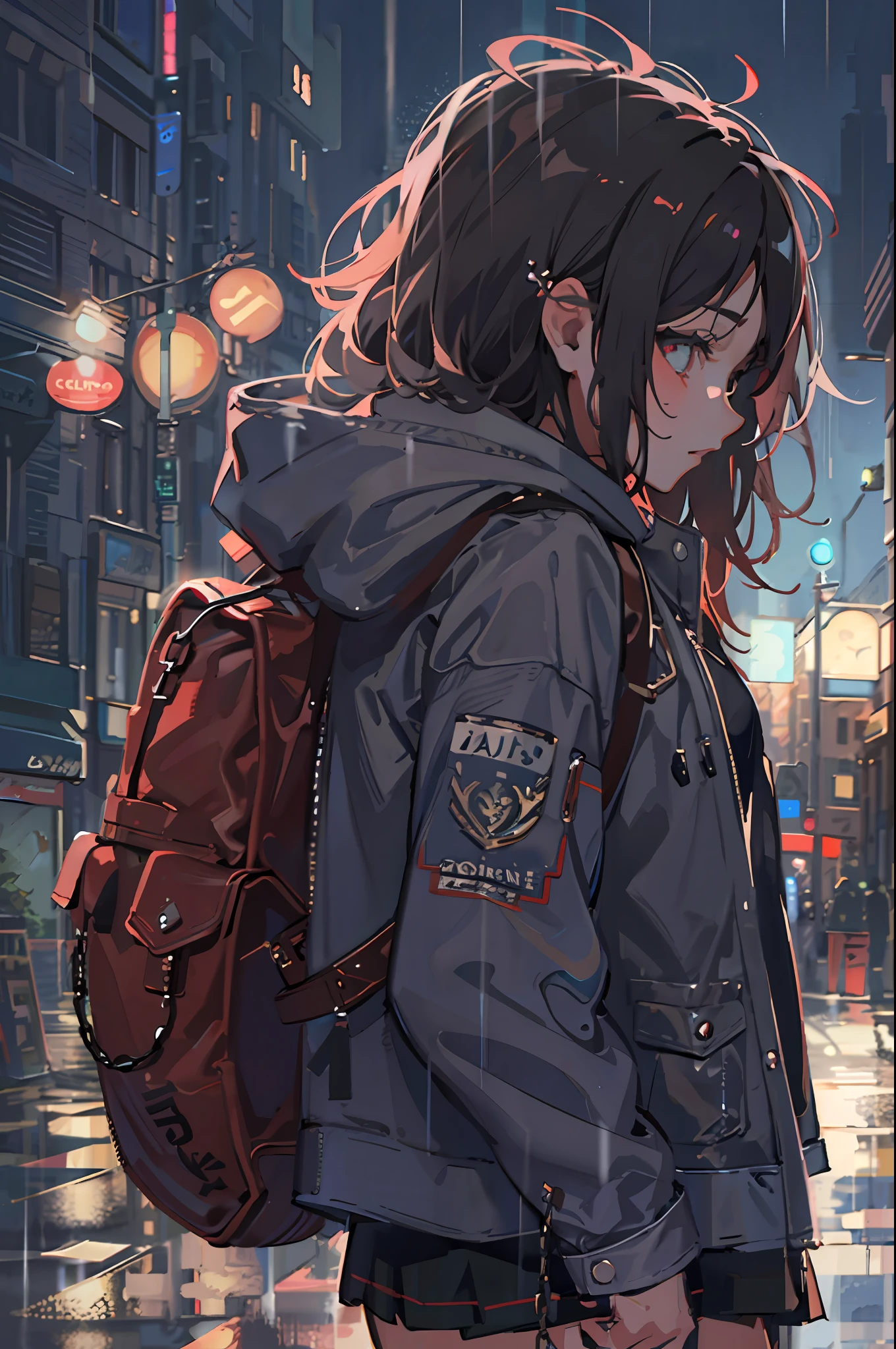 1girl, jacket, rain, outdoor, hoodie, open jacket, chain, backpack, looking at another, messy hair, trending on artstation, 8k resolution, highly detailed, anatomically correct, sharp image, digital painting, concept art, trending on pixiv, style of makoto shinkai,