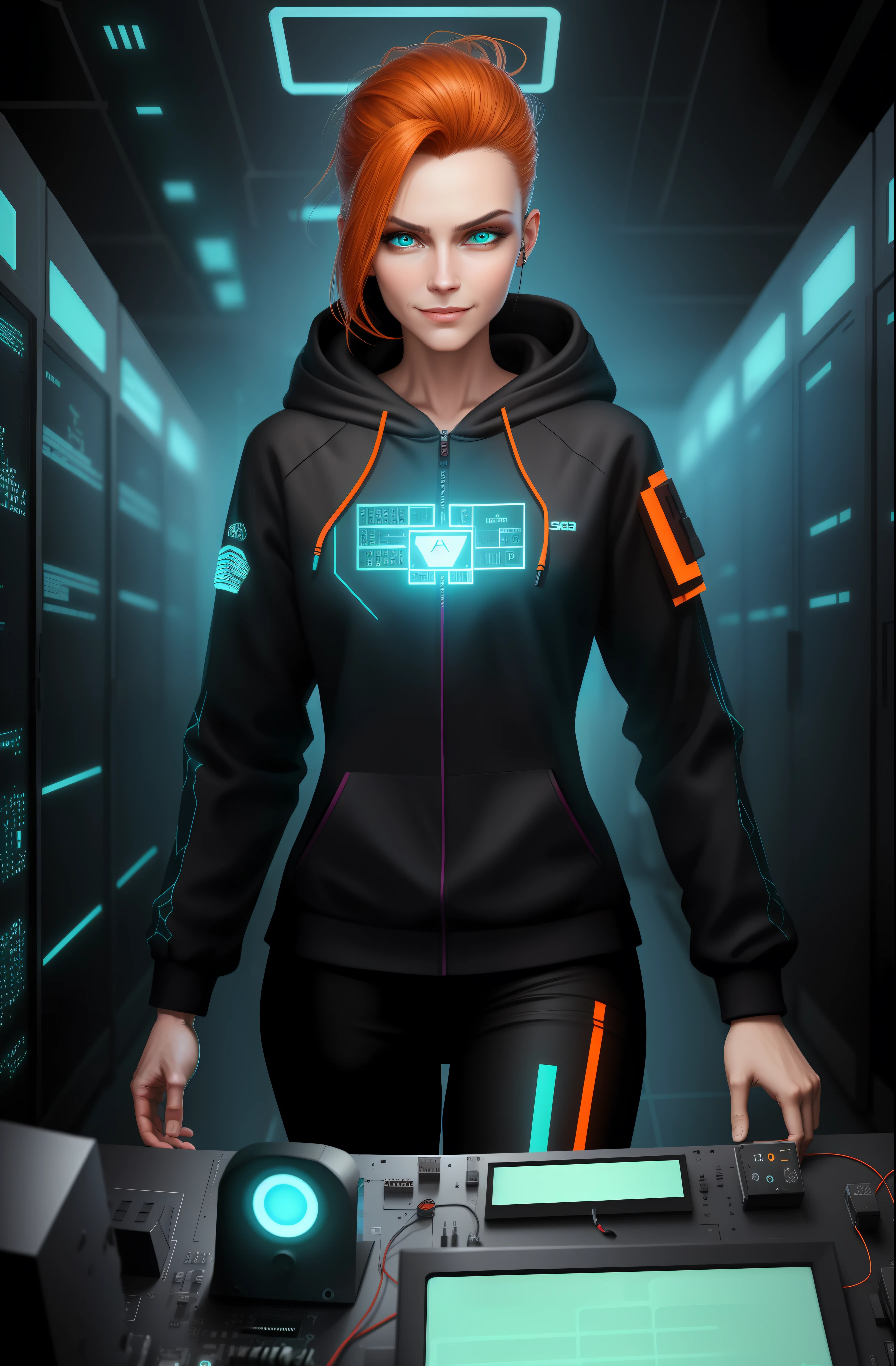 (Absurdres, Intricate Details, Masterpiece, Best Quality, High Resolution, 8k), 1 female, swedish, mature, aged up, handsome, finely detailed eyes and face, brown quiff hair, teal eyes, looking at viewer, solo, (full body:0.6), detailed background, detailed face, (CircuitBoardAI, electronic theme:1.1) evil high-tech futuristic hacker, smirk, advanced technology, hoodie, techwear, keycard, cables, (holographic display:1.05), error message, computer, password, server room in background, orange lights, cyber-warfare, dark sinister atmosphere, Depth of Field, VFX.