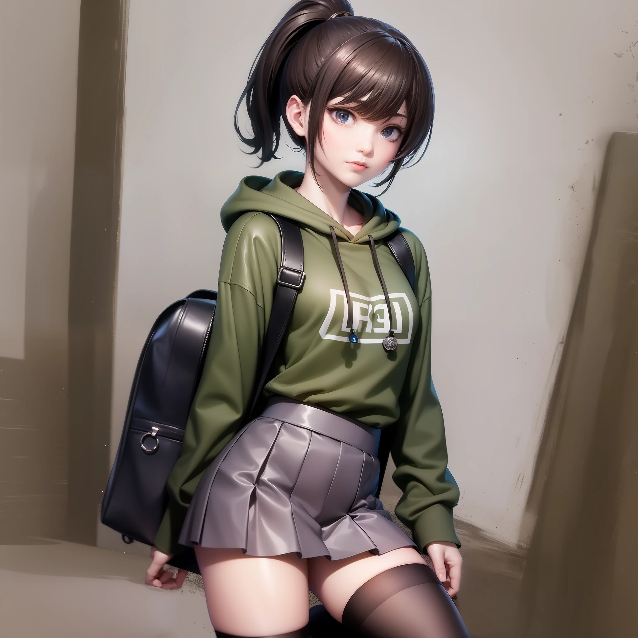 hyper HD, Masterpiece, Textured skin, Super detail, High details, High quality, Best quality, A high resolution, 8K, 16k，full body,1girl,solo,pure Brown hoodie, whitet-shirt, grey Mini pleated skirt ，long socks, Black leather boots, Black backpack， long black hair，single ponytail,realistic face,realism, a character portrait, white background