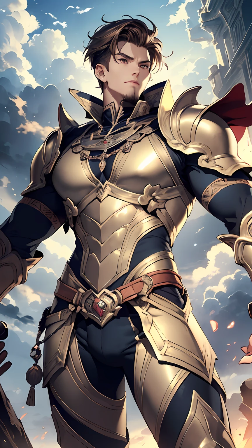 ((best quality)), detailed, ((attractive, but tasteful))warrior man, wearing Victorian-era armor,, ((fantastic pose)), ((flexed body)), ((a touch of sensuality)),((background: a sky full of clouds)), ((discreet lighting)).