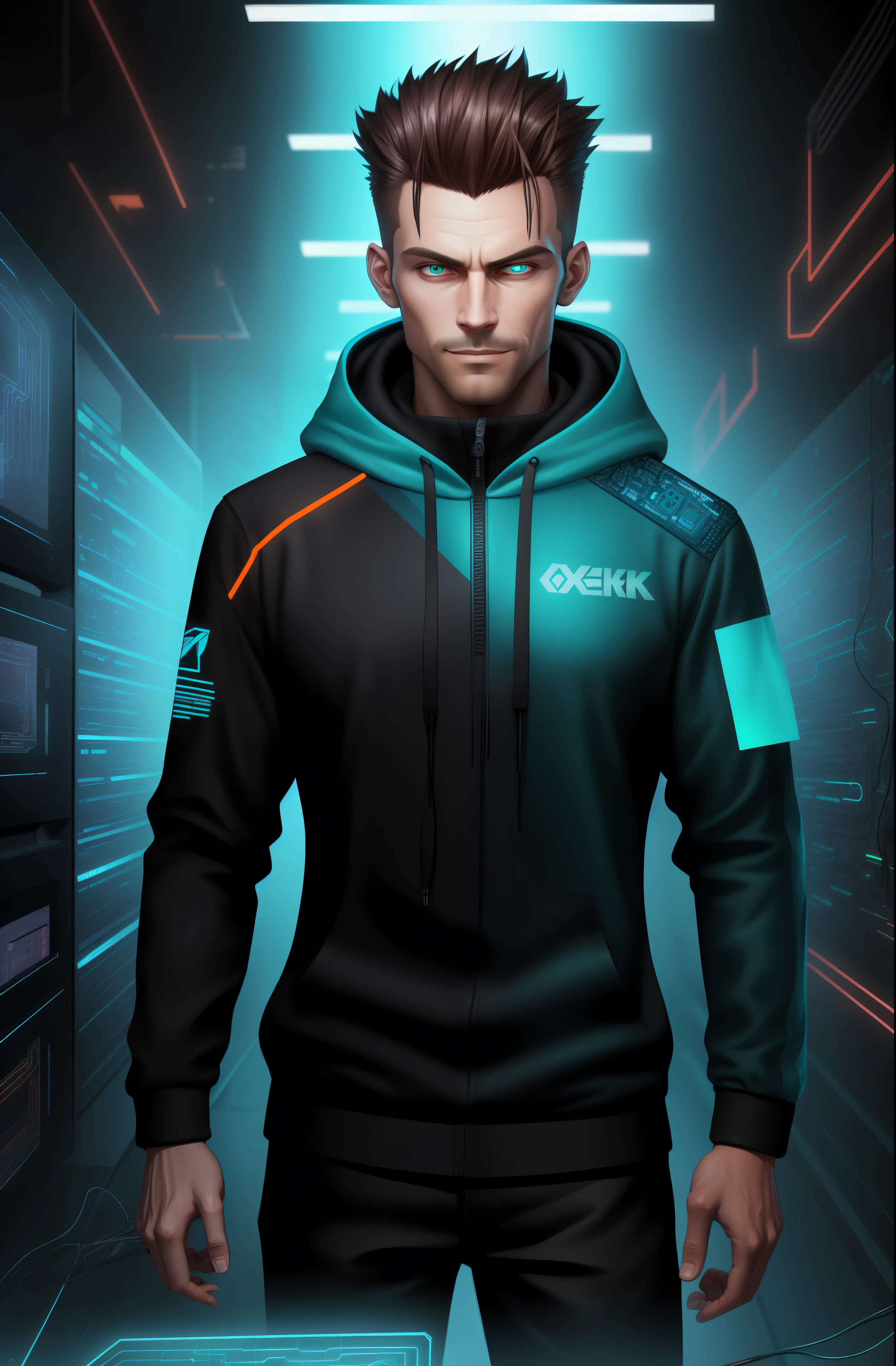 (Absurdres, Intricate Details, Masterpiece, Best Quality, High Resolution, 8k), 1 black male, swedish, mature, aged up, handsome, finely detailed eyes and face, brown quiff hair, teal eyes, looking at viewer, solo, (full body:0.6), detailed background, detailed face, (CircuitBoardAI, electronic theme:1.1) evil high-tech futuristic hacker, smirk, advanced technology, hoodie, techwear, keycard, cables, (holographic display:1.05), error message, computer, password, server room in background, orange lights, cyber-warfare, dark sinister atmosphere, Depth of Field, VFX.