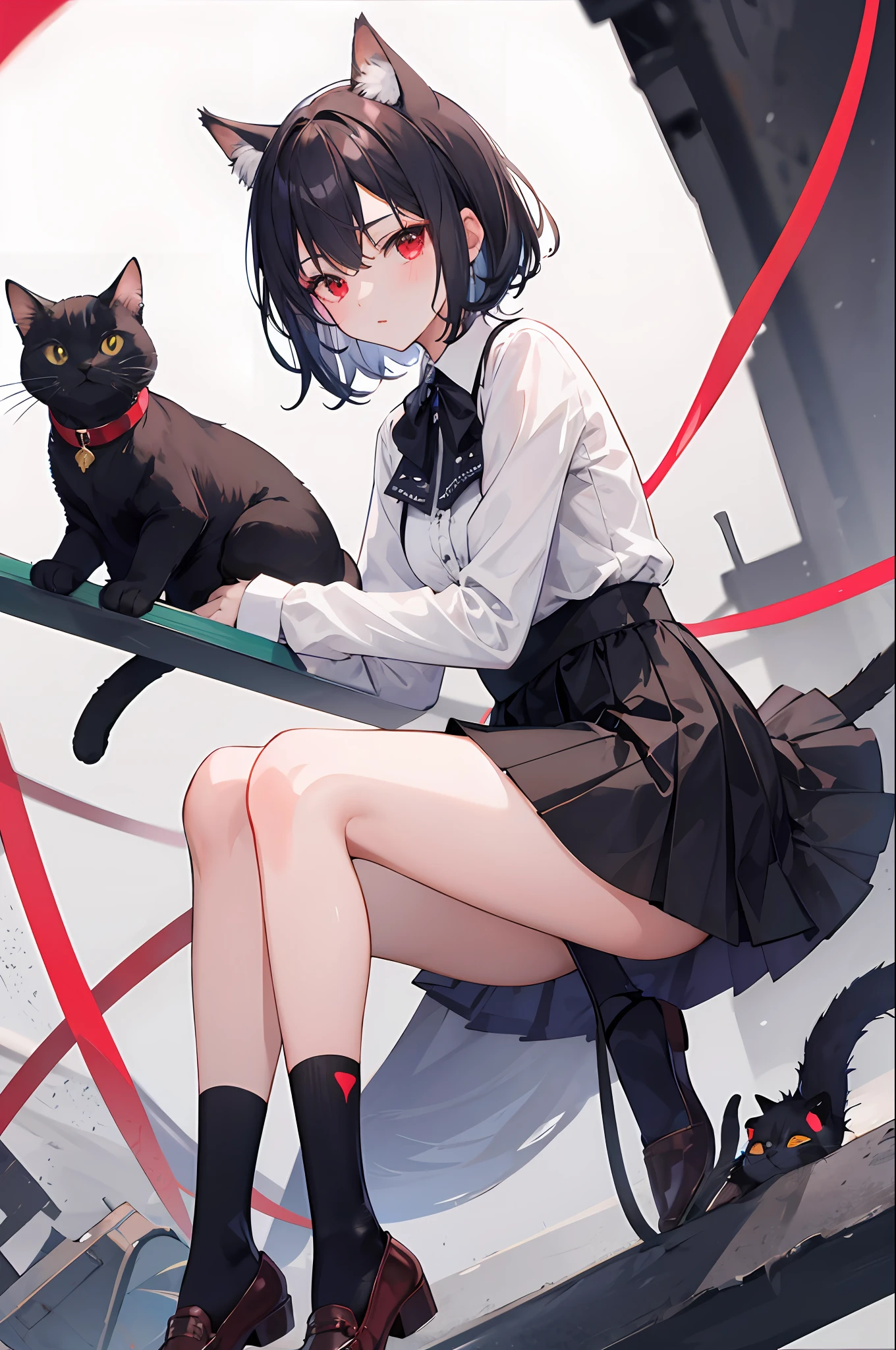 1girll,Cat lady,short skirt,Black stockings,whaite hair,Red eyes,inns,