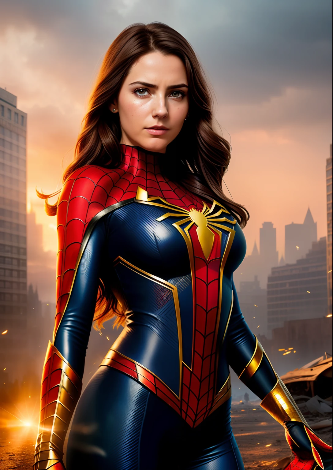 Beautiful woman of European appearance in a detailed Spider-Man costume, big breastes, Sad, Crying, teardrops, Portrait in the background in a ruined city at sunset, hyper-detailing, Smoke, sparks, sunlight rays (8 thousand), Realistic, Symmetrical, Award-winning, Cinematic Lightning, impregnated with film, 75 mm, scratches, a closeup of a, torn and dirty clothes, detailized face,