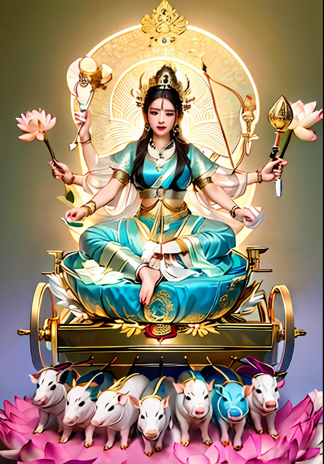 tmasterpiece，超高分辨率,Beauty sitting on a trolley with lotus seat,There were seven piglets pulling the cart,Has six arms,Each arm holds a magic weapon,Wear a light blue dress,The skin is delicate and white,crown,Yingluo,The background is blue sky,Elegant colors,Light and dark are clear,Extremely high detail,full art illustration,photorealestic,professional photoshooting,Goddess. Extremely high detail,indian goddess of wealth,extremely detailed goddess shot,goddess of love and peace,goddess art,inspired by Tawaraya Sōtatsu,bodhisattva,full art illustration,author：Sava Shumanovich,Detailed fanart, an ancient Chinese goddess