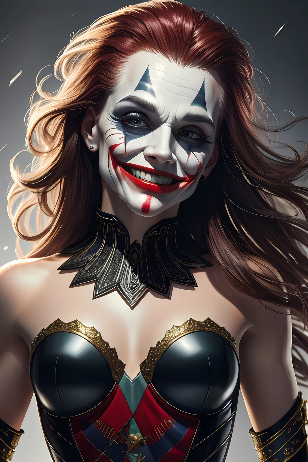(8K, photo in RAW format, beste-Qualit, tmasterpiece: 1.2), a closeup of a, Smile Open Mouth Ultra-Detailed, official arts, photorealestic:1.37, upper body face shot, DC Joker смеется, film grains, action pose