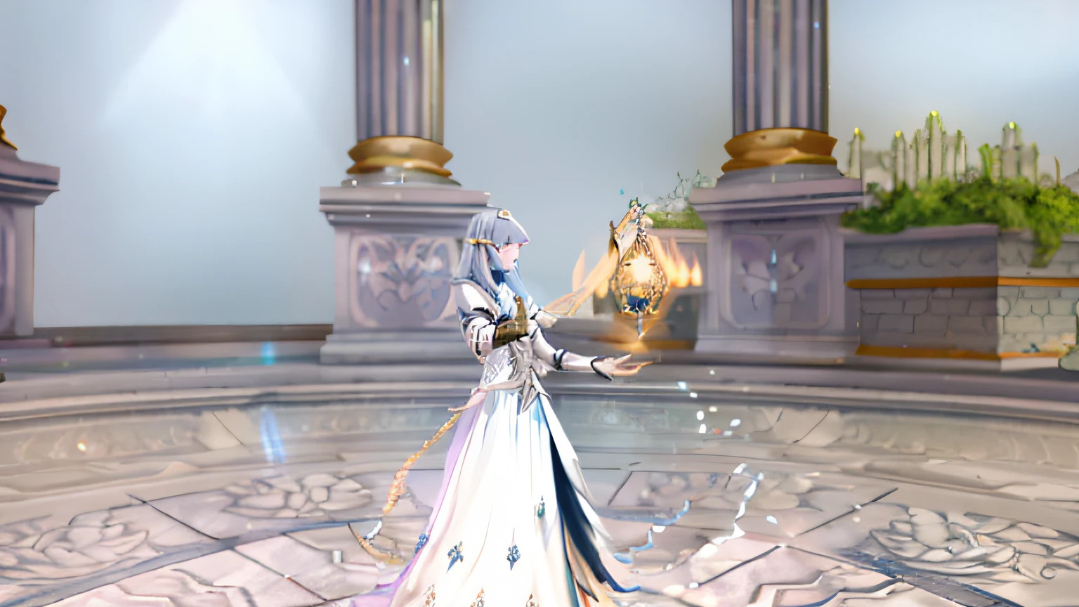 there is a woman in a white dress standing in a room, spellcasting pose, cotton cloud mage robes, pretty female cleric, dressed like a cleric, a sorceress casting a ice ball, alluring mesmer woman, aion, npc with a saint's halo, cloud mage robes, clothes themed on a peacock mage, cleric