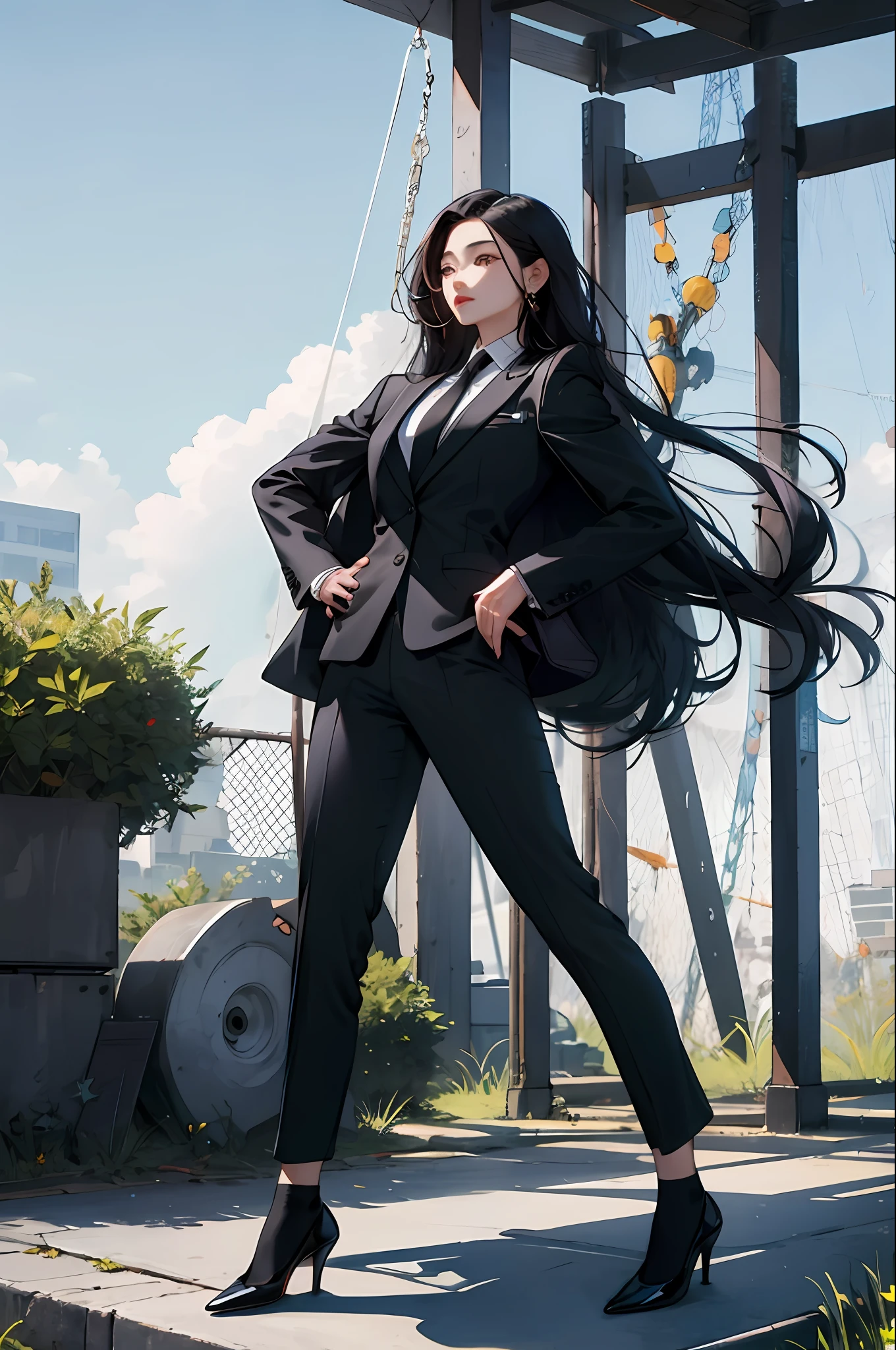 the best quality masterpiece，Woman with long hair，Short black socks，Wear an all-black suit，Look at black high heels，park environment