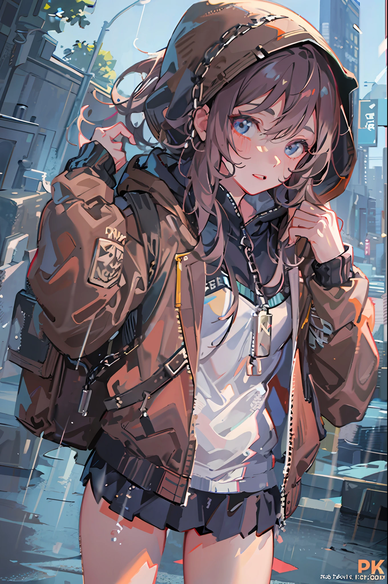 1girl, jacket, rain, outdoor, hoodie, open jacket, chain, backpack, looking at another, messy hair, trending on artstation, 8k resolution, highly detailed, anatomically correct, sharp image, digital painting, concept art, trending on pixiv, style of makoto shinkai,