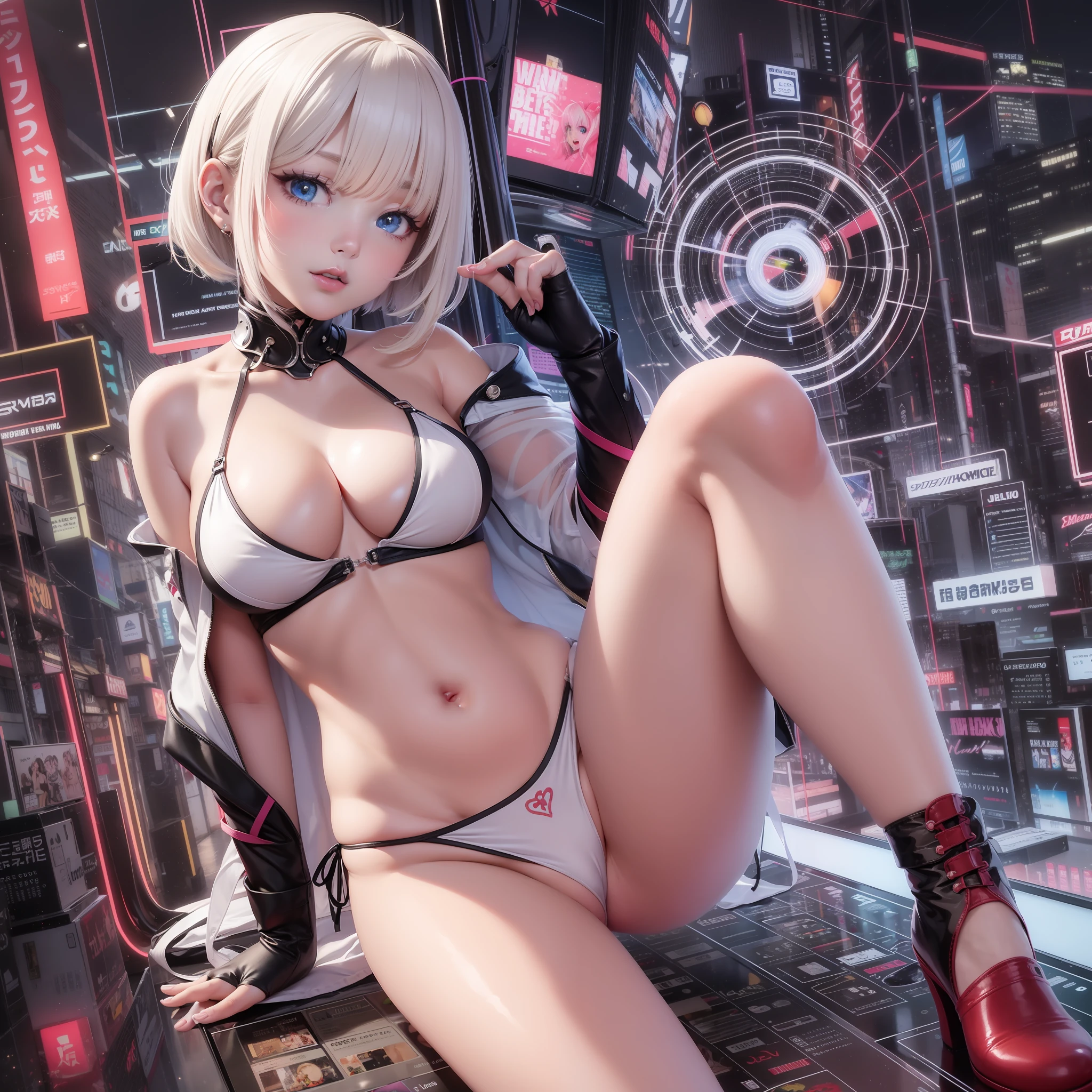 super high image, super detail, high resolution, anime, manga, illustration, fantasy, intelligent beauty, amorous expression, glossy flowing layered messy white short hair, half-up knitting hair style, sparkling blue eyes, alluring moist pink lips, great proportion, full body, white thong bikini, skimpy bottom, background Northern Renaissance style, galaxy, magic circle, kaleidoscope, rainbow and gold neon light many lines, cyber punk