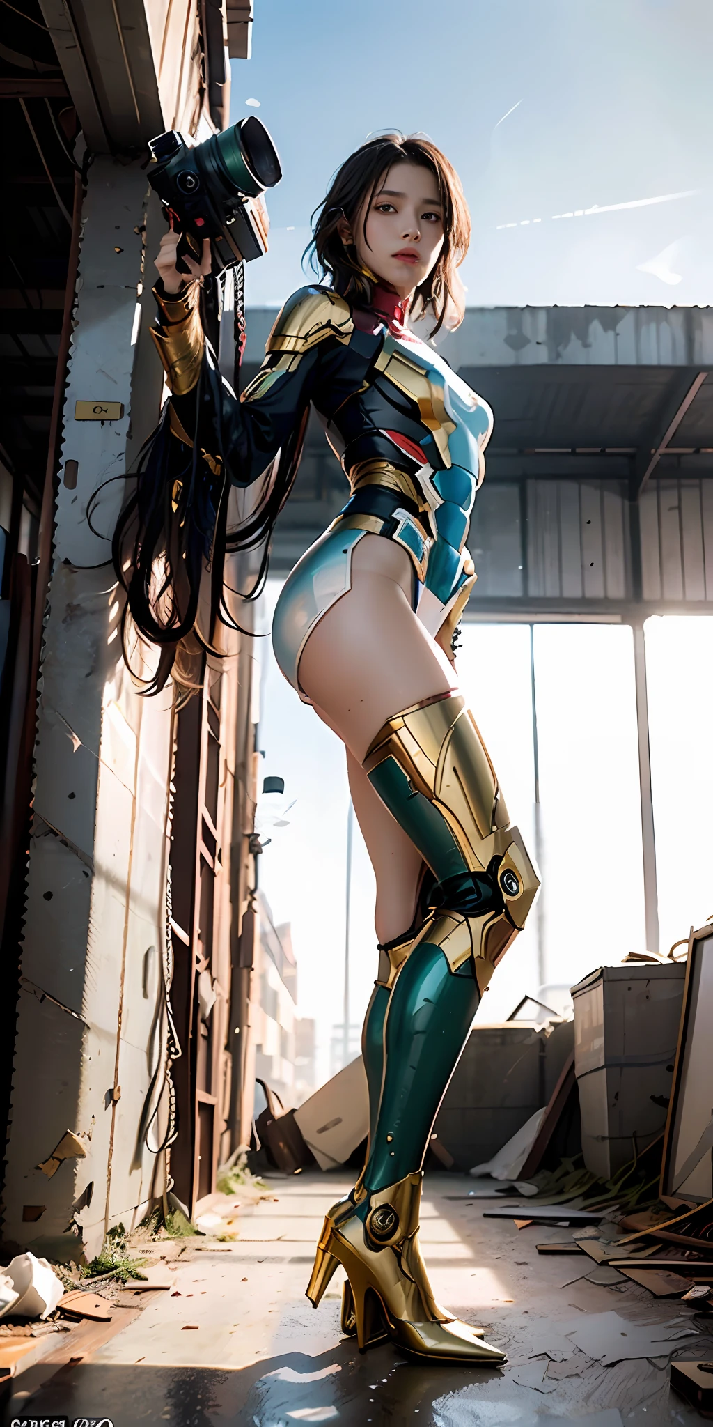 RAW, masterpiece, ultra fine photo,, best quality, ultra high definition, photorealistic, sunlight, full body portrait, stunningly beautiful,, dynamic pose, delicate face, vivid eyes, (side view), she wears futuristic Iron Man mecha, blue and gold yellow and green color scheme, highly detailed abandoned warehouse background, detailed face, detailed and complex busy background, messy and gorgeous, milky white, High Detail Skin, Realistic Skin Details, Visible Pore, Sharp Focus, Volumetric Fog, 8K UHD, DSLR Camera, High Quality, Film Grain, Fair Skin, Photorealism, Lomography, Futuristic Dystopia, Vast Metropolis, View from Below, Translucent