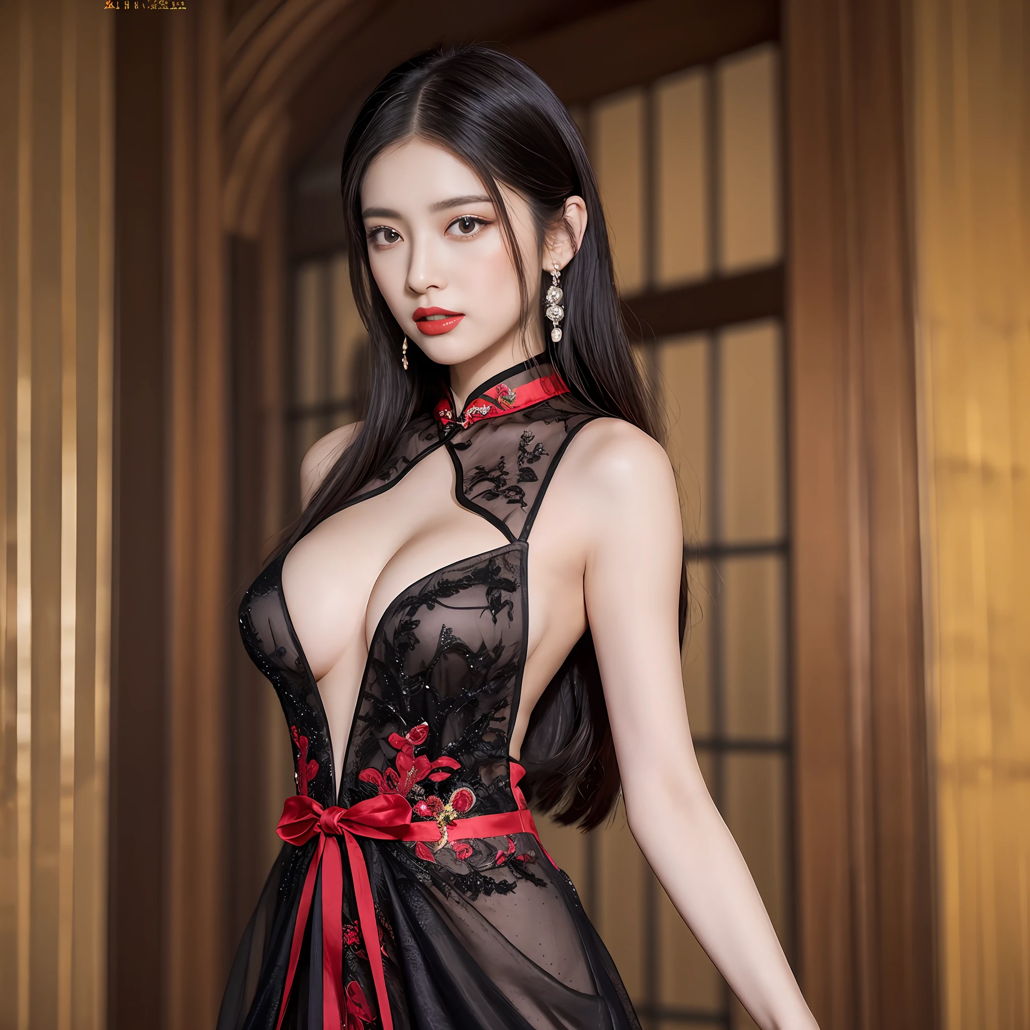 araffe woman in a black dress posing for a picture, fantasy long intricate gown, sexy gown, black and red silk clothing, Black and red dress, wearing long gown, Cheongsam, sexy dress, opened dress, with a thin waist, captivating and enticing, wearing an evening gown, Black Gown, dressed beautiful gown, gorgeous chinese model