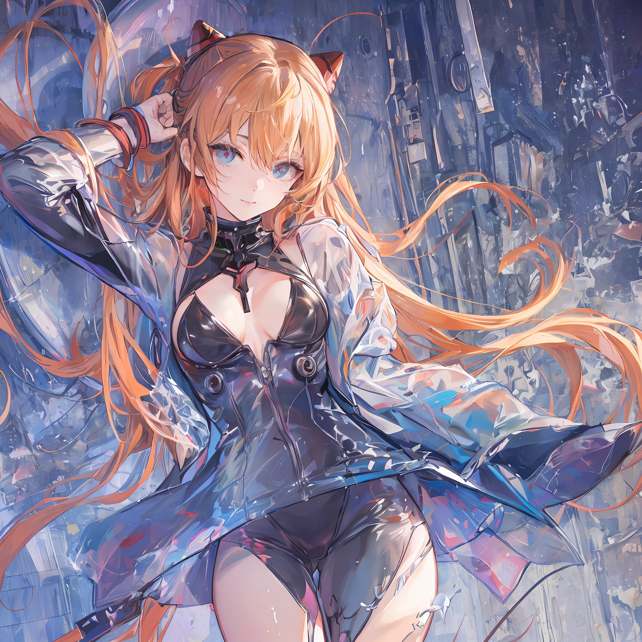 (Best Quality, 8K, 32K, masutepiece, nffsw:1.2),(1girl in),Asuka Langley Soryu, {{{(Blue Odd Eye), (Red strange eyes)}}}, hair between eye, Headgear, Interface headset, Orange hair, Red Ribbon, bow ribbon, School uniform, Skirt, Suspender Skirt, suspenders, tokyo-3 middle school uniform, body suit, hat, Jacket, Long sleeves, Open your clothes, Open jacket, plugsuit, Red bodysuit, body suit, Long sleeves, plugsuit, Red bodysuit, Bare arms, naked waist, Bare shoulders, Blue one-piece swimsuit, 鎖骨, competition school swimsuit, highleg, high-leg swimsuit, onepiece swimsuit, School Swimsuit, Swimsuit, thighs thighs thighs thighs