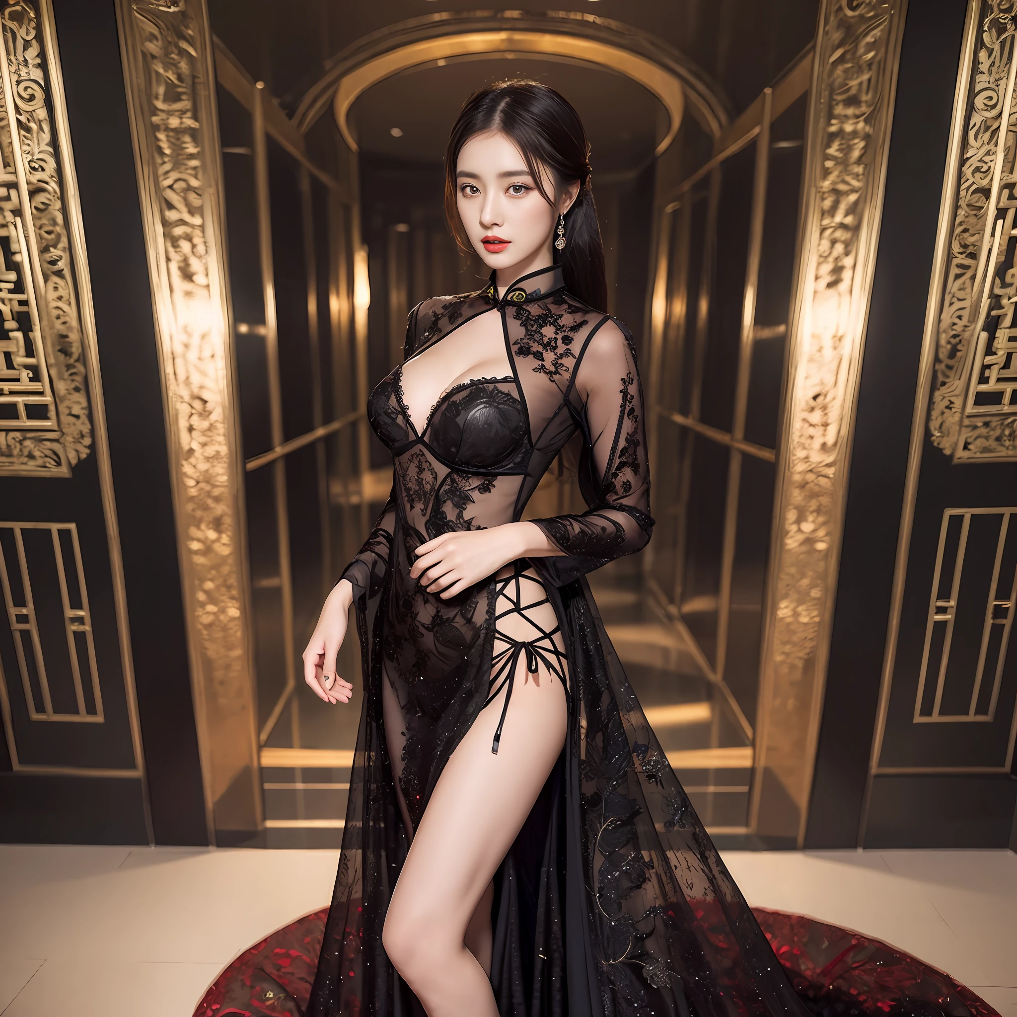 araffe woman in a black dress posing for a picture, fantasy long intricate gown, sexy gown, black and red silk clothing, Black and red dress, wearing long gown, Cheongsam, sexy dress, opened dress, with a thin waist, captivating and enticing, wearing an evening gown, Black Gown, dressed beautiful gown, gorgeous chinese model
